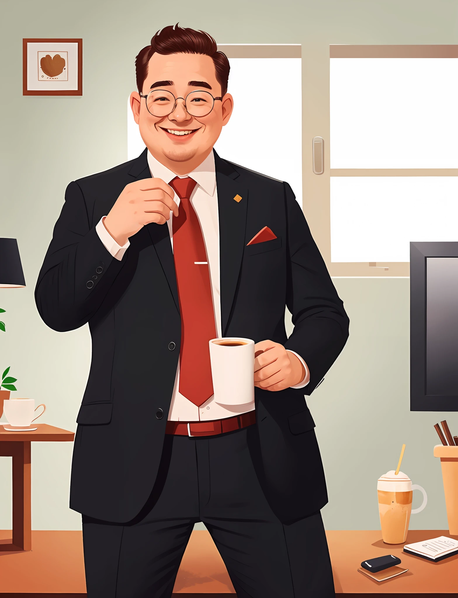 Man in suit and tie drinking coffee,Full body photo,Smiling,Wears glasses and beard,Wear black leather shoes,short detailed hair,fatness,二重まぶた,Slightly chubby figure。