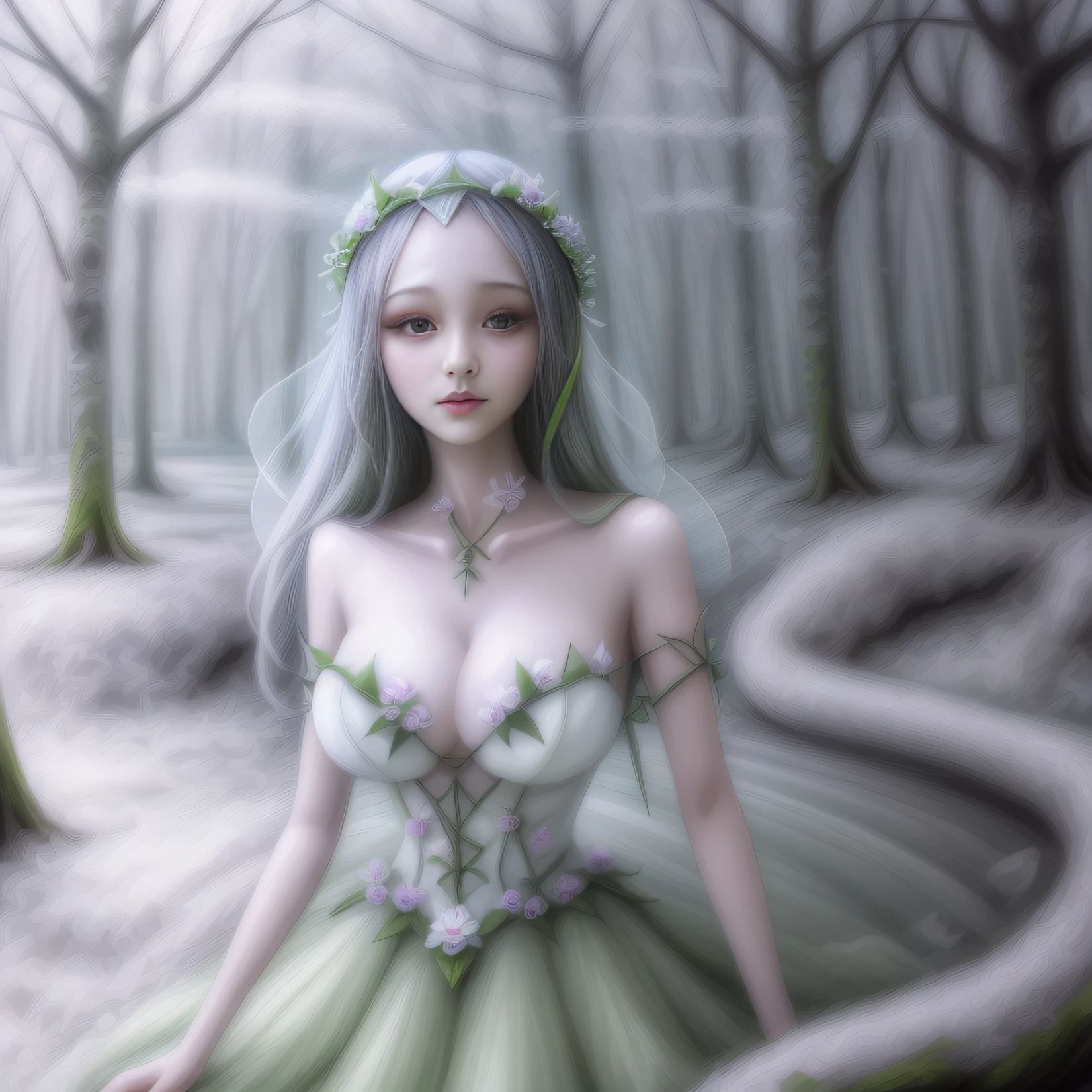 Four art styles（Guvitz+fanciful+Spring Princess+spring goddess），White dress，Travel through green forests，4K full-body close-up，Digital oil painting style，8K HD quality，No different from AI，Dreamlike fairy tale scene。 --auto