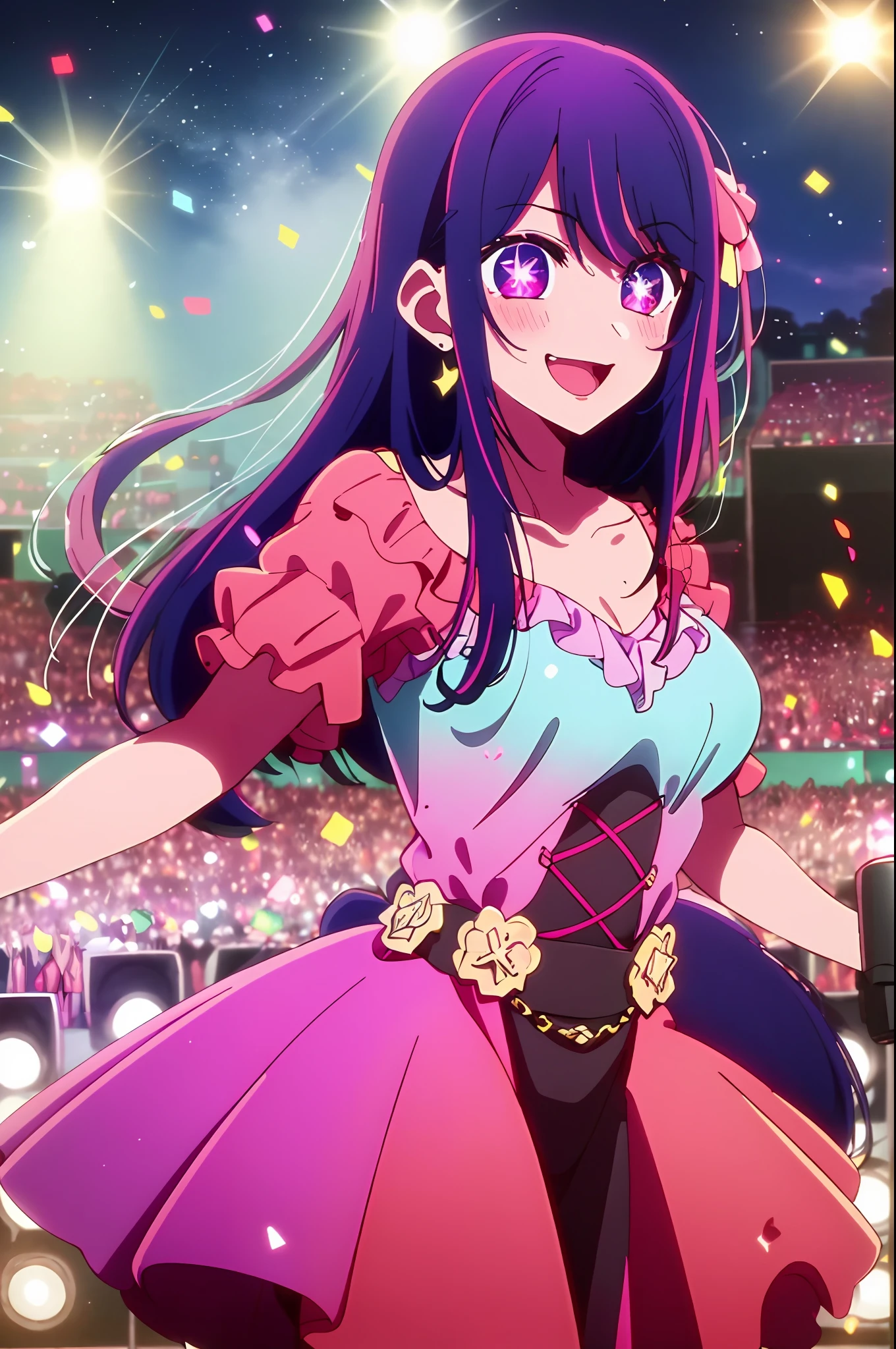masterpiece、ighly detailed、(1 girl in:1.2)、purple color hair、pink dress、big eye、a closeup、A smile、8K 、Ai Hoshino、Live performance venue、dance、Large audience、The background is(idol stage:1.3)、(Stand in the center of the screen:1.3)、inside the house、idol live、the wind、(Colorful spotlights:1.7) Break the magnificent view、(Audience 10,000 people:1.3)、Particles of light、(confeti:1.4)、dynamic ungle、holland angle、Perspective Break (during night、spot light:1.5)、depth of fields、bokeh dof、light leaks、(chromatic abberation:1.2) Romper