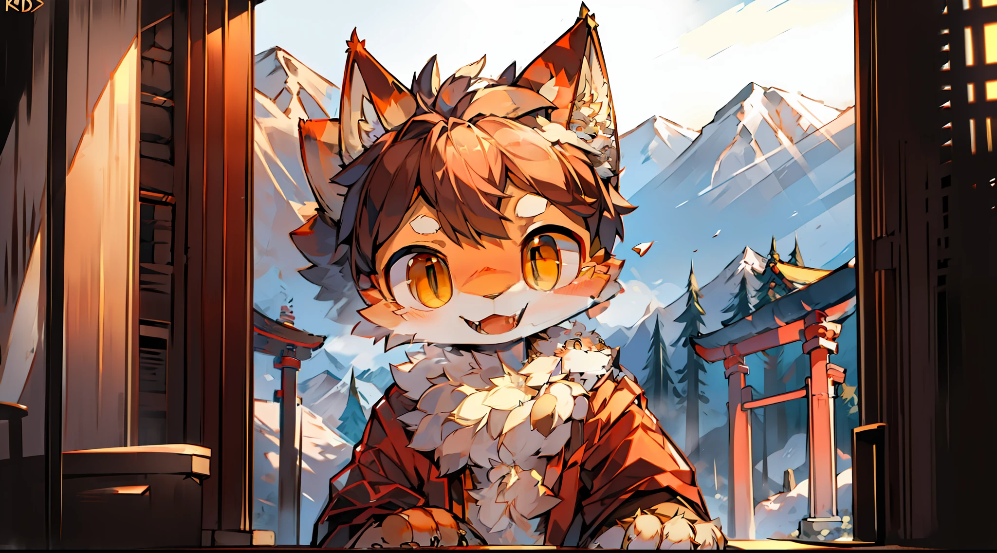 Jing Liang,k hd,High Picture Quality,Orange juvenile cat,Beast too,Open your mouth and smile,adolable,naïve,Bright eyes,Barefoot paws,Soft and fluffy hair,Soft and sticky face,Holding another kitten,moutains,torii,