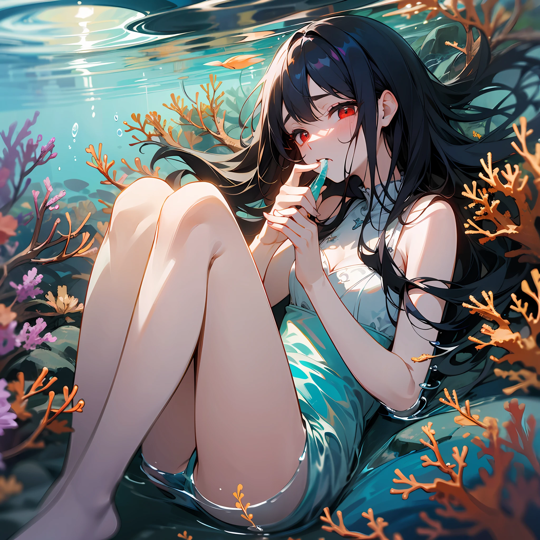 high-level image quality、hiquality、masterpiece、murky、bottom of the ocean、The seabed where light does not reach、Murky sea、turbid、Lots of bubbles、Inexhaustible desire、Broken coral reef、Girl with black hair with red eyes、Holding the legs、Take fetal pose、sideways Facing、Hungry look、Beautiful eyes、Sparkling eyes、regret、Biting your thumb、Hold a grudge against someone、A face that has abandoned hope、sad Facial expression、Broken wings、pointless、pointless、I don't want to be with you、solitude、To be dragged to the ground