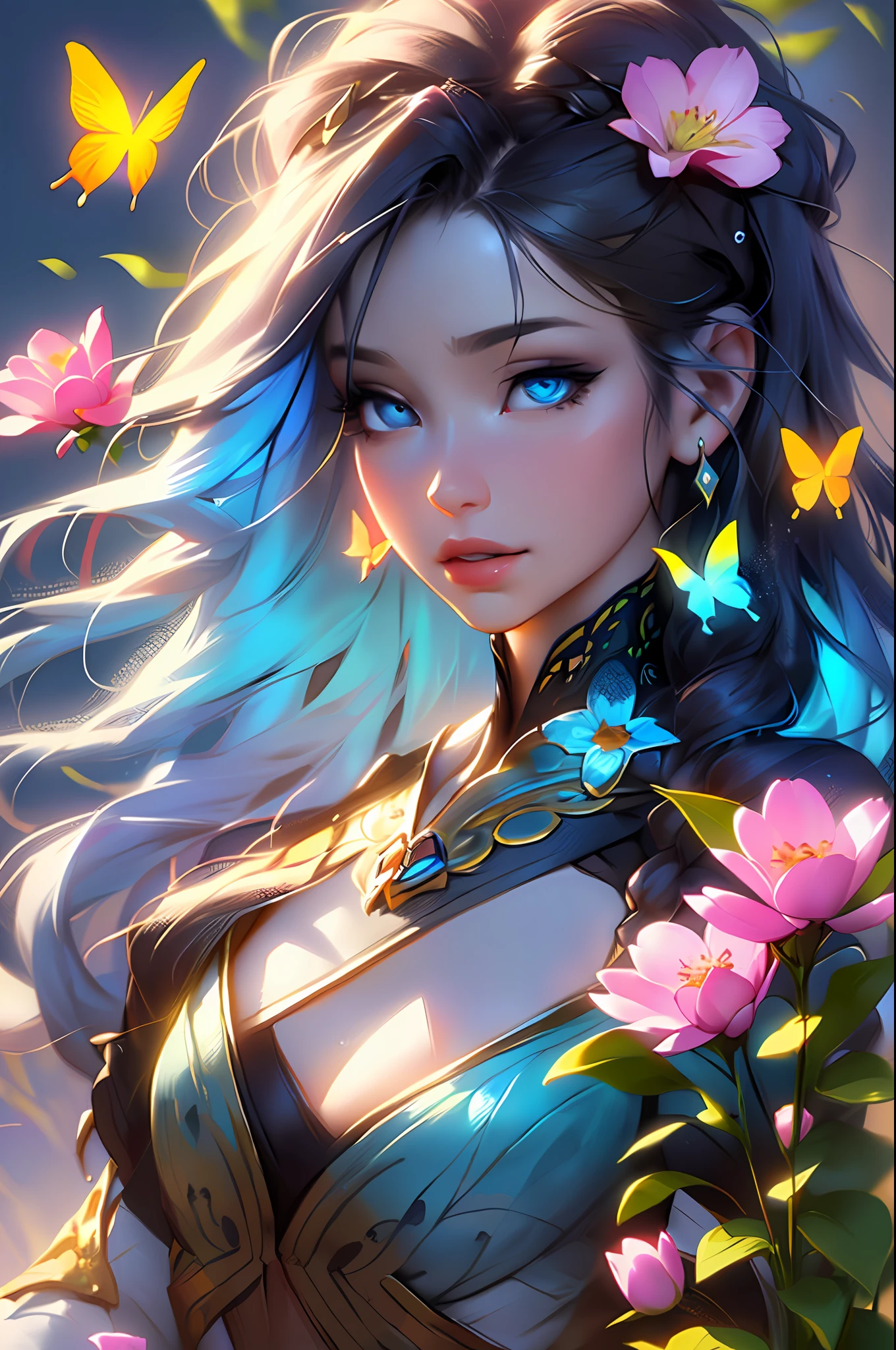 The colors in this image are soft and draw inspiration from gentle watercolors and should be primarily pink. Generate a delicate and tranquil flower princess with soft hair dancing in the wind and intricately braided. Her sweet face has puffy, kissable lips and stunning, highly realistic eyes. She has beautiful eyes, hires eyes, 8k eyes, beautiful detail eyes, beautiful detailed eyes, realistically shaded eyes, and realistic eyes in vibrant colors. She is wearing delicately detailed fabric of gossamer silk and satin. Small pink gemstones and cream pearls detail her clothing. She sits in the midst of the most beautiful meadow in the world and is surrounded by beautiful flowers of varying sizes and colors. The background is wild and unruly, with delicate flowers dancing in the wind and creating a dynamic and compelling image. An ornately flowered headdress adorns her head and soft petals fall around her. The flowers are realistic and very detailed and come in different shapes and sizes, some with iridescence and others with varying shades of pink and blue. Include a soft watercolor sky. The background is wild, with delicate flowers dancing in the wind and colorful pollen filling the air. Include realistic hair and skin texture. Include fantasy details, enhanced details, iridescence, colorful glittering wind, and pollen. Pay special attention to her face and make sure it is beautifully and realistically detailed. The image should be dreamy and ethereal. Include intricate fantasy details. 8k, intricate, elegant, highly detailed, majestic, digital photography, art by artgerm and ruan jia and greg rutkowski surreal painting pearl butterfly filigree, flower petals, (masterpiece, finely detailed beautiful eyes: 1.2), hdr, realistic skin texture, ((ornate)), ((intricate)), ((fantasy00d:1.2)), rays of light, (add details), (add more details), (((highly detailed butterflies))), ornate flowers, dew drops, sunlight, rays of sun