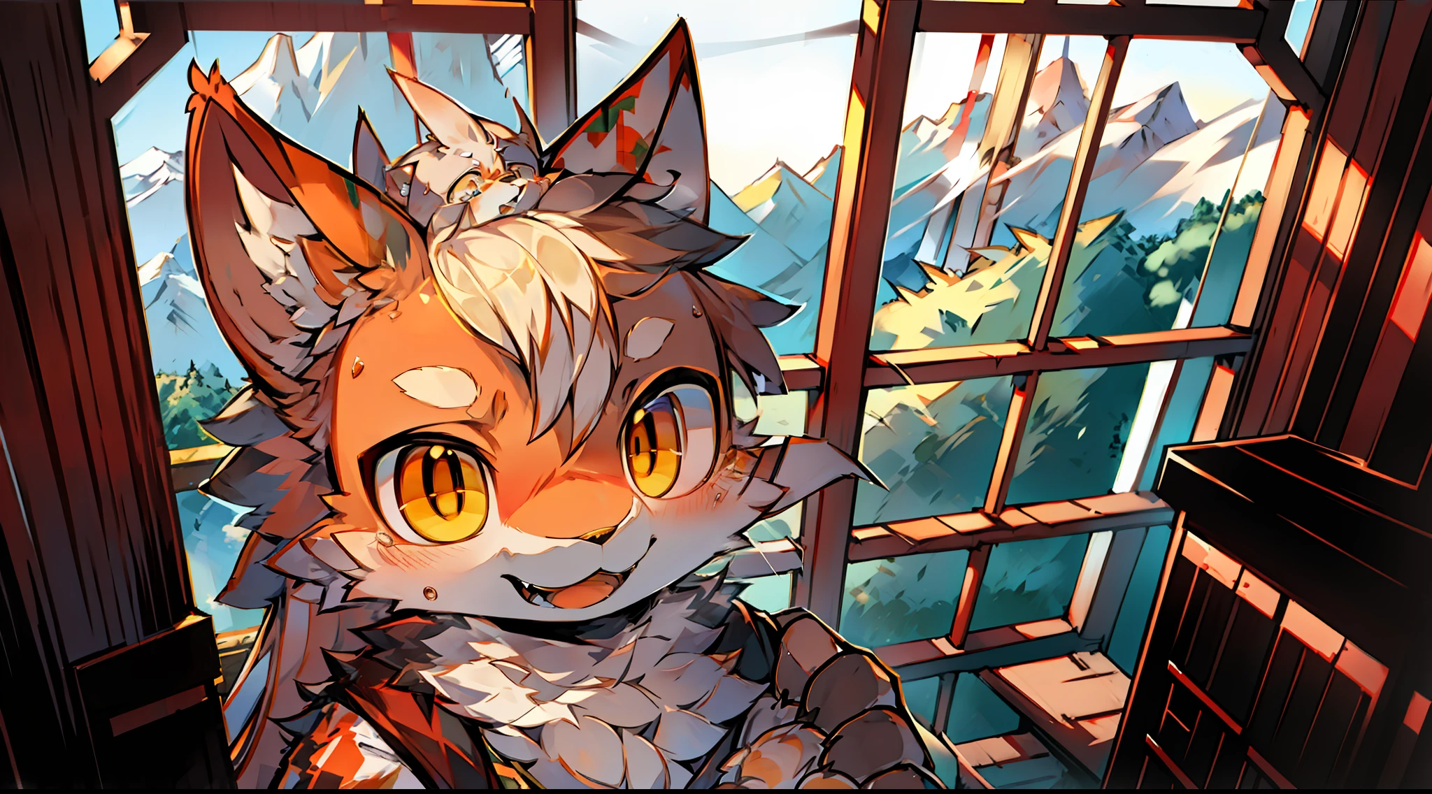 Jing Liang,k hd,High Picture Quality,Orange juvenile cat,Beast too,Open your mouth and smile,adolable,naïve,Bright eyes,Barefoot paws,Soft and fluffy hair,Soft and sticky face,Holding another kitten,moutains,torii,