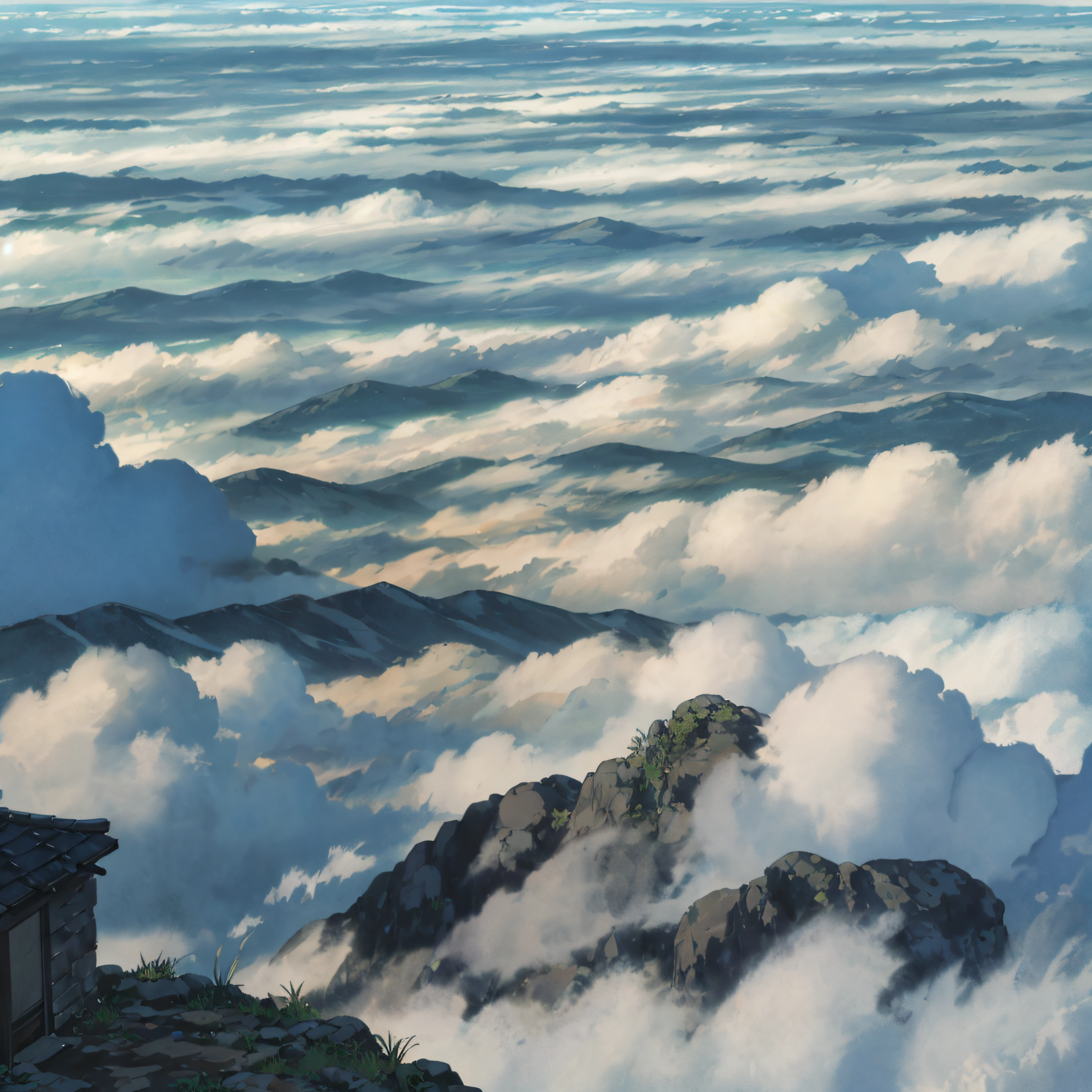 A viewpoint seen from high ground in the city、Vast sky、the beautiful skyline、Dramatic graphics、Moving visuals、Into the cloud、the colorful natural light。