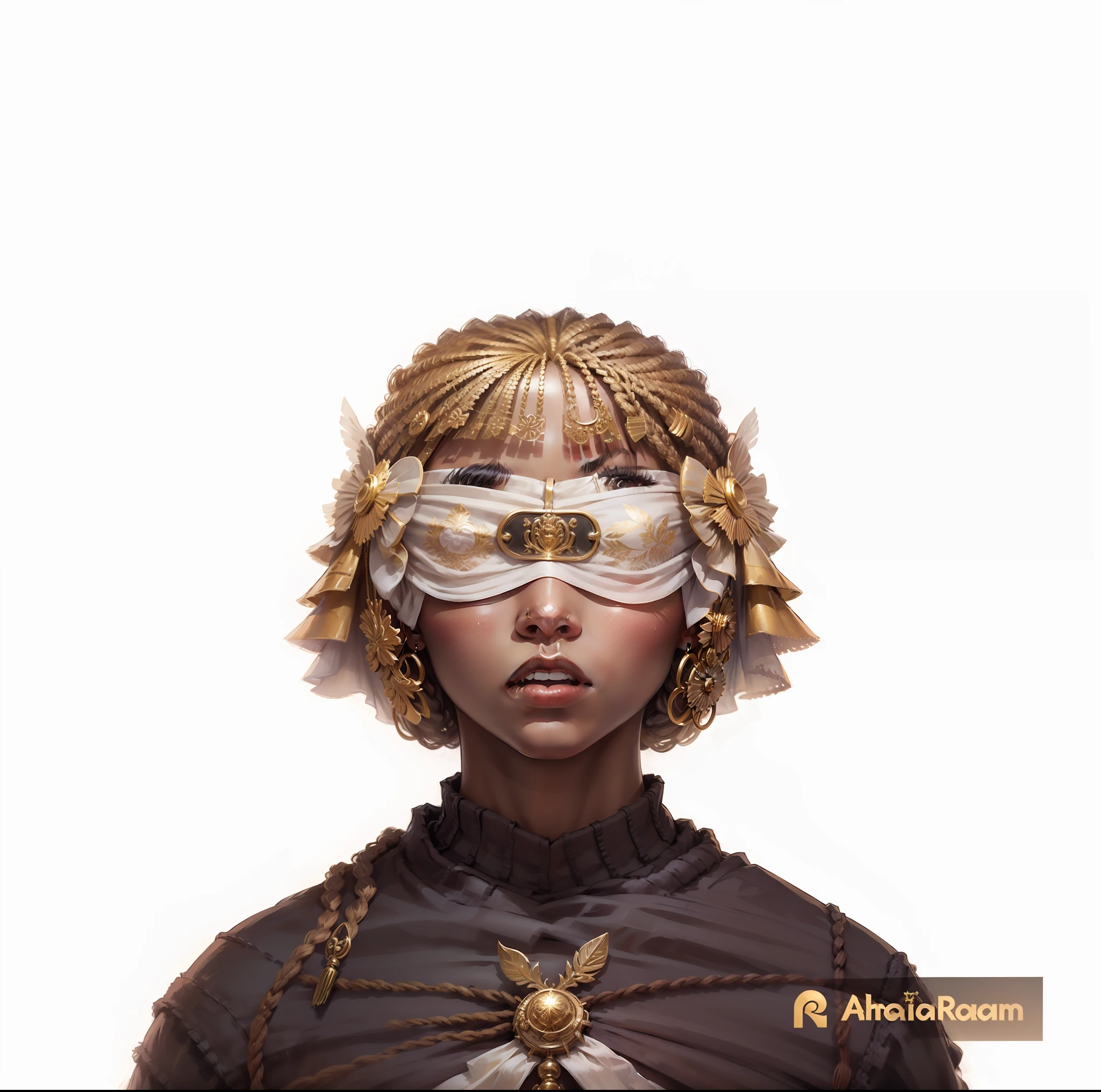 Mulher roupa de luxo, Dourado e branco, Como assessores dourado e branco,mulher negra, woman with African-American traits, Woman with braided hair, long braids up to knee height, imagem de corpo inteiro, Woman with luxury dress and with a sneaker 12 springs white and gold on the foot,