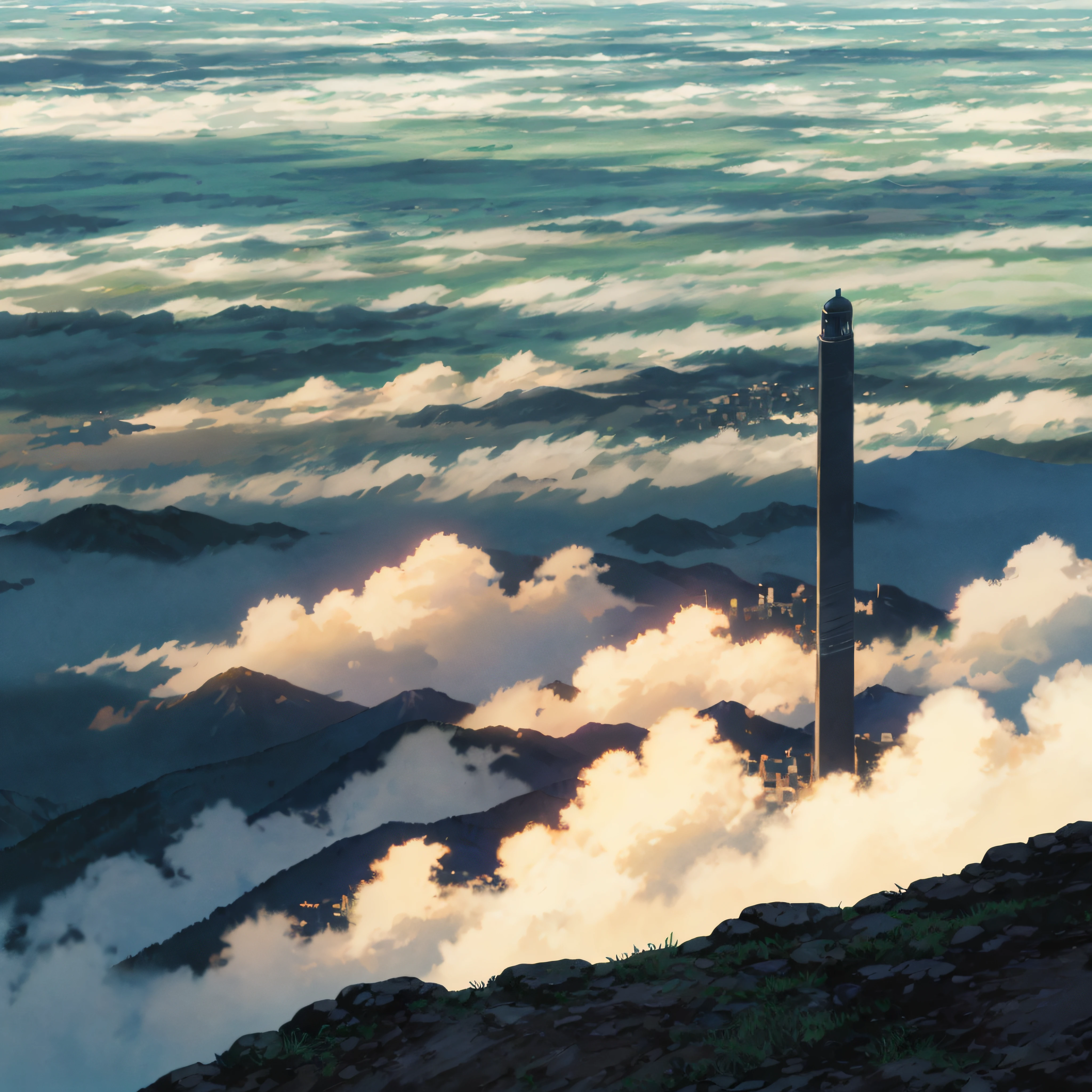 A viewpoint seen from high ground in the city、Vast sky、the beautiful skyline、Dramatic graphics、Moving visuals、Into the cloud、the colorful natural light。