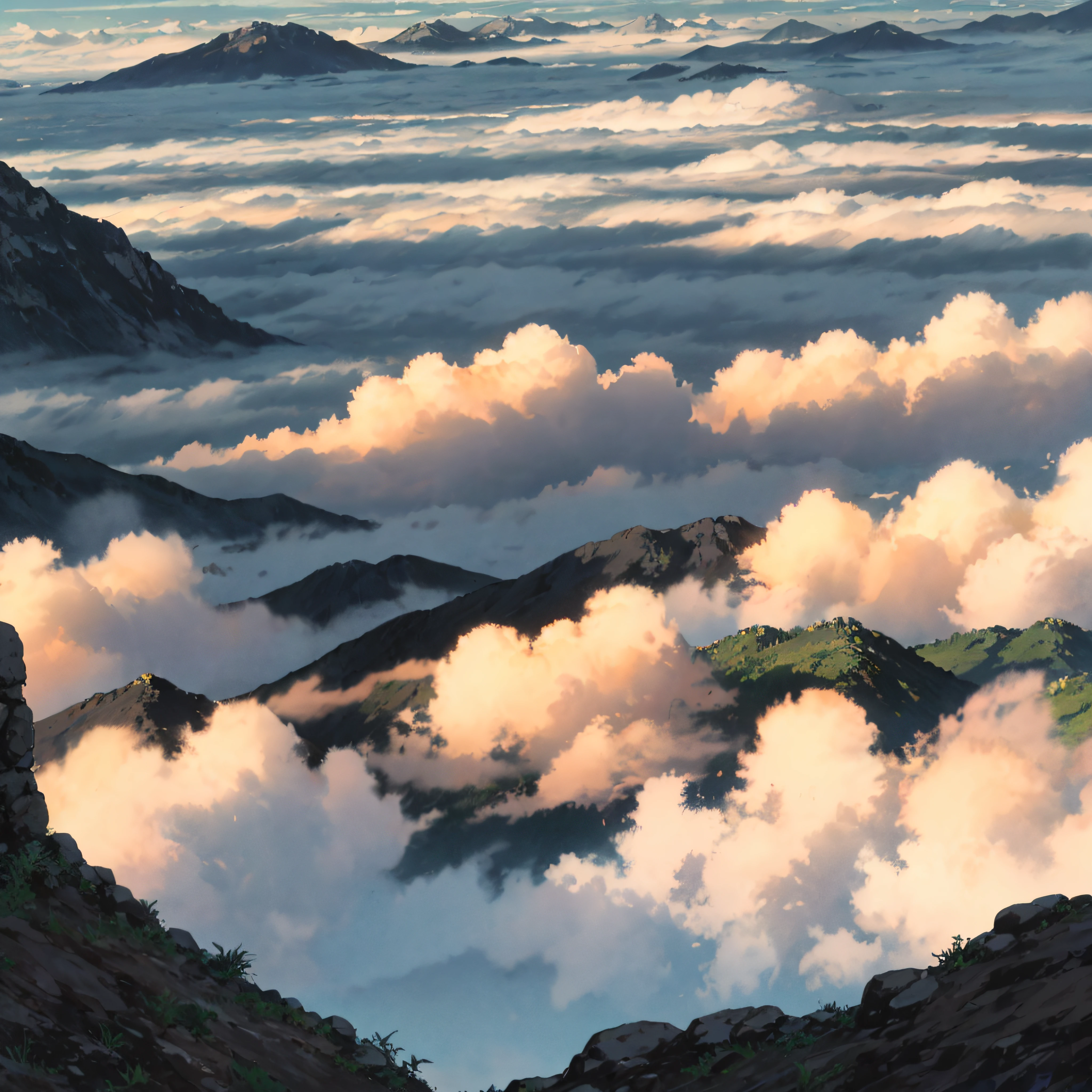 A viewpoint seen from high ground in the city、Vast sky、the beautiful skyline、Dramatic graphics、Moving visuals、Into the cloud、the colorful natural light。