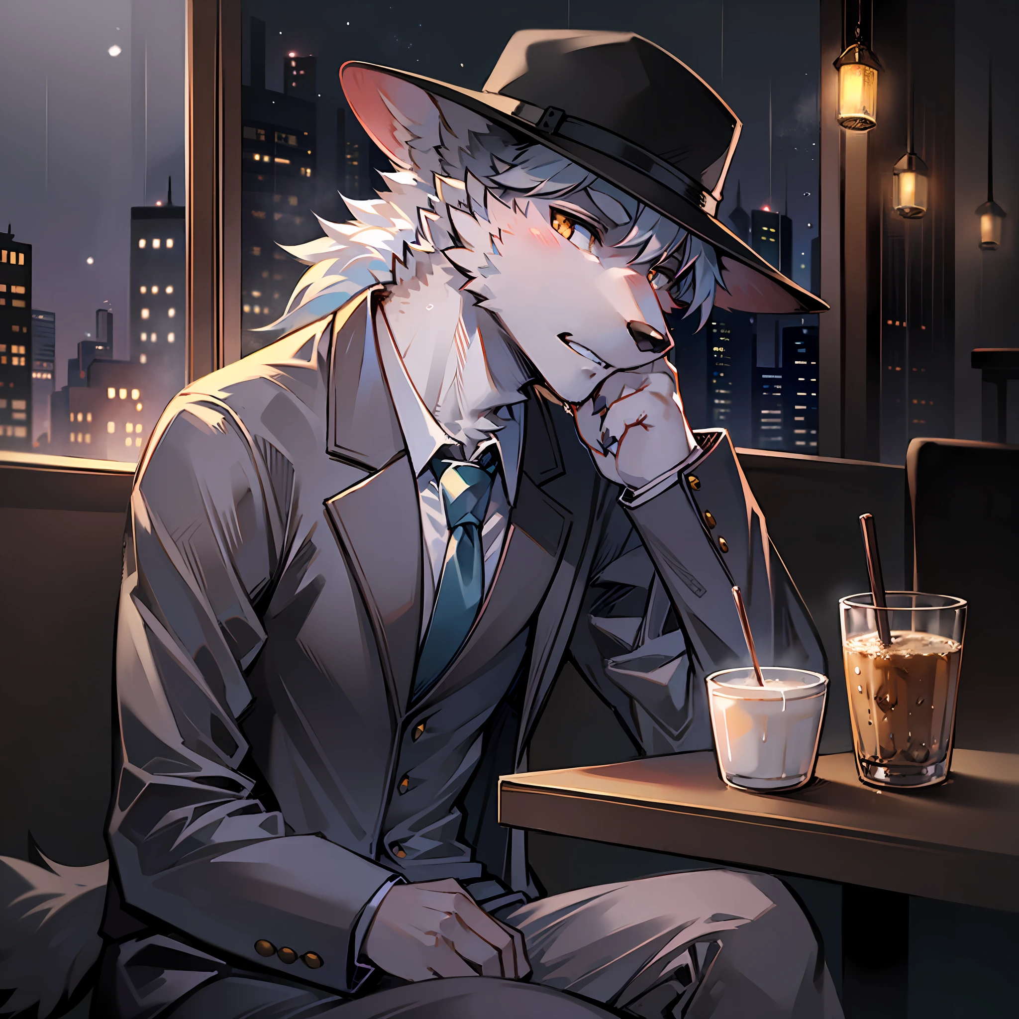 独奏，Sixteen years old，Wolf orcs，silver fur，Handsome model，wearing black suits，Wear a gentleman's hat，sitting in a café，drinking a coffee，Back shadow，heavy rain，nighttime scene，Look out the window，Bright background