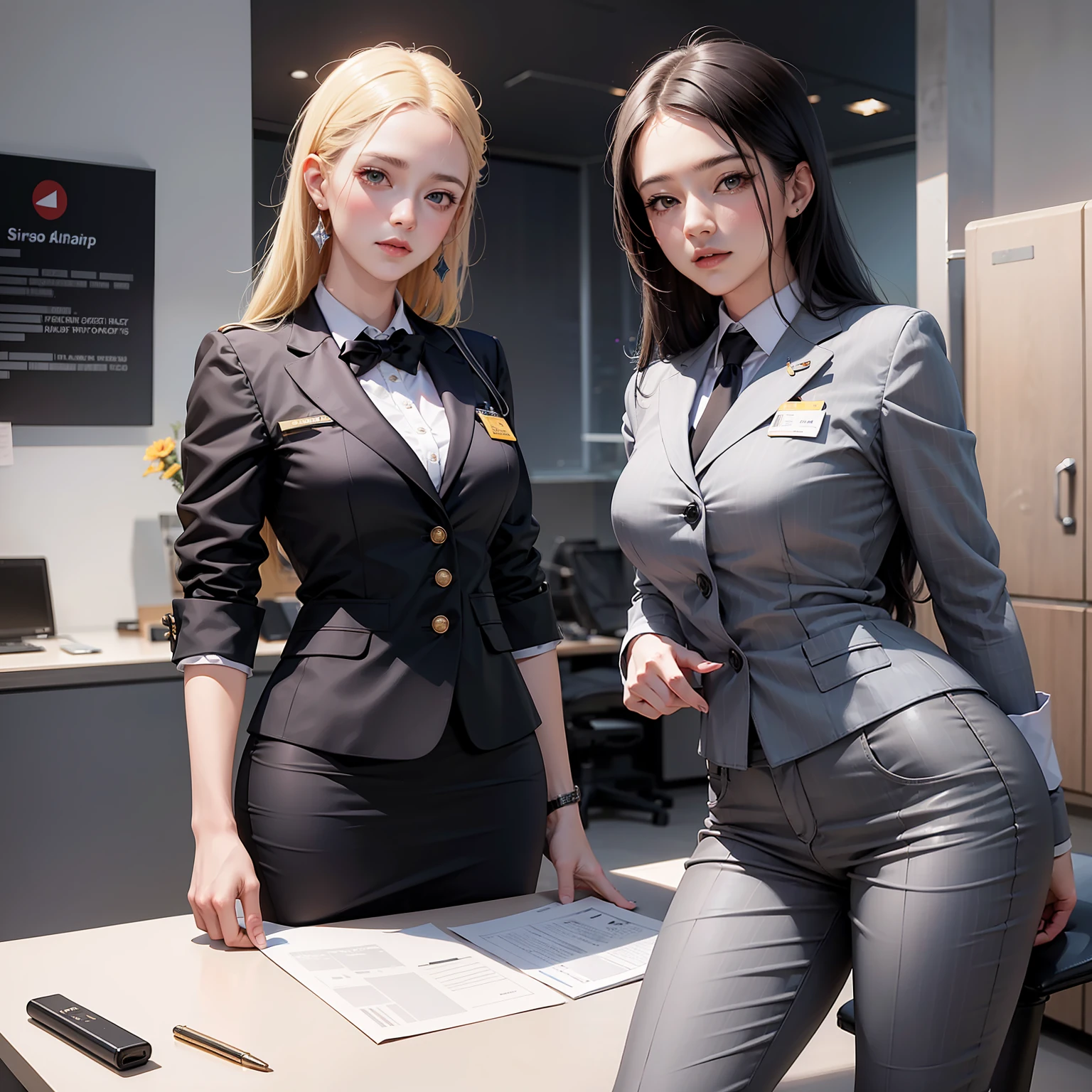 Two women in business attire next to each other in an office, Capturado na Canon EOS R 6, office clothes, wearing a strict business suit, Alena Aenami e Lilia Alvarado, cosplay profissional, KDA e Sam Yang, Sakimichan e Frank Franzzeta, Nixeu e Sakimichan, gama murata e artgerm --auto