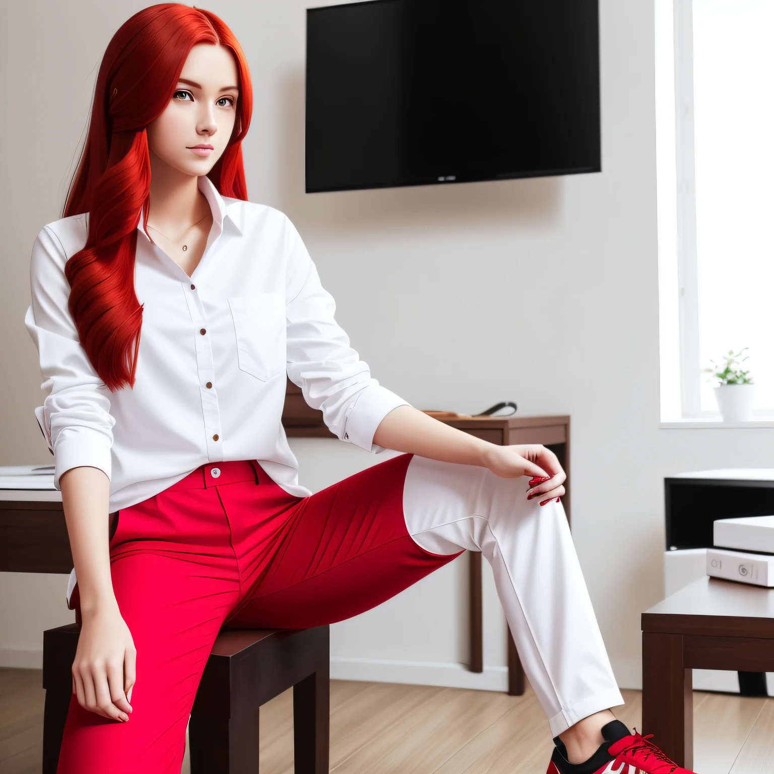 a woman in a white shirt and red pants is playing video game, simple style, wearing elegant casual clothes, muted red, simple clothes, milk and red style, casual clothing style, modern fashion outfit, wearing a fisher , casual modern clothing, inspo, red clothes, red pants, neutral tones, rred and white color scheme, casual business outfit, scary face, nike shoes, 22 years old, adult face, long hair, ((red hair)) --auto