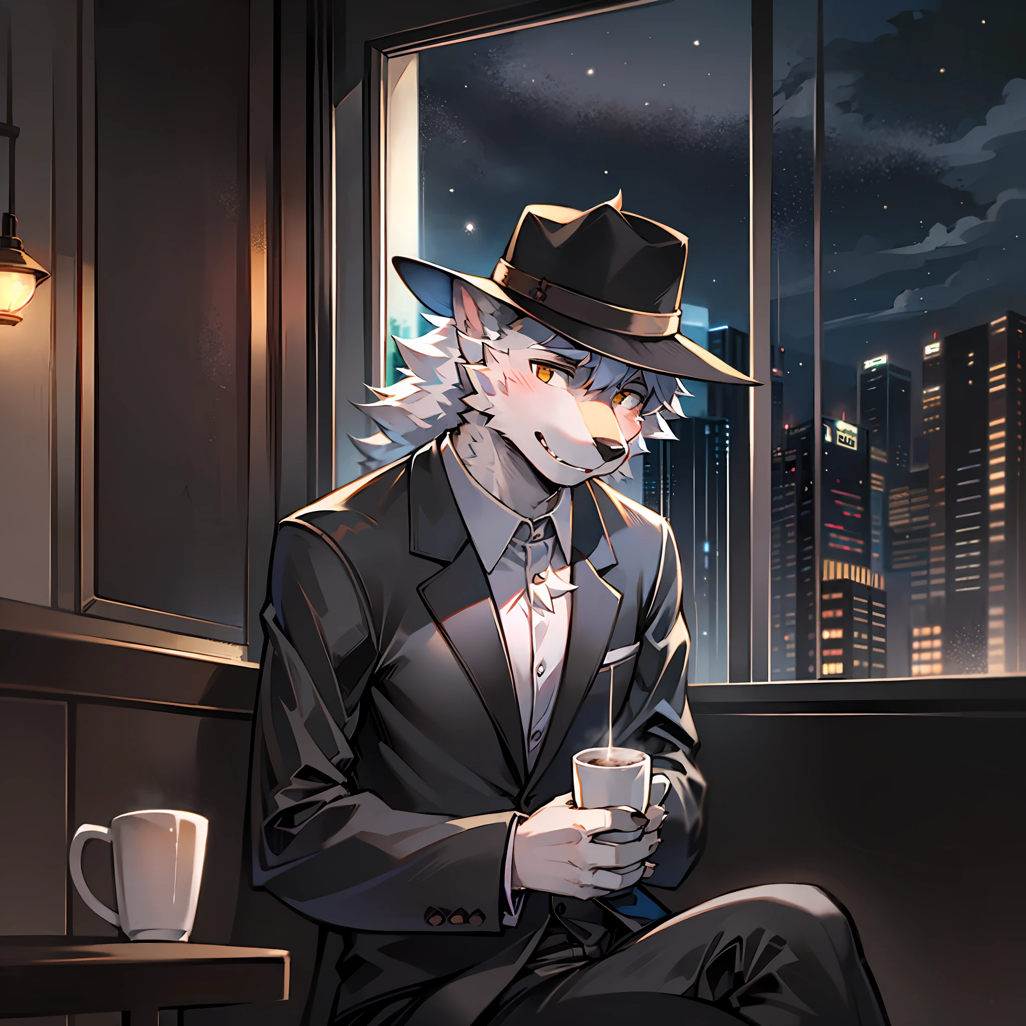 独奏，，Wolf orcs，silver fur，Handsome model，wearing black suits，Wear a gentleman's hat，sitting in a café，drinking a coffee，Back shadow，heavy rain，nighttime scene，Look out the window，Bright background