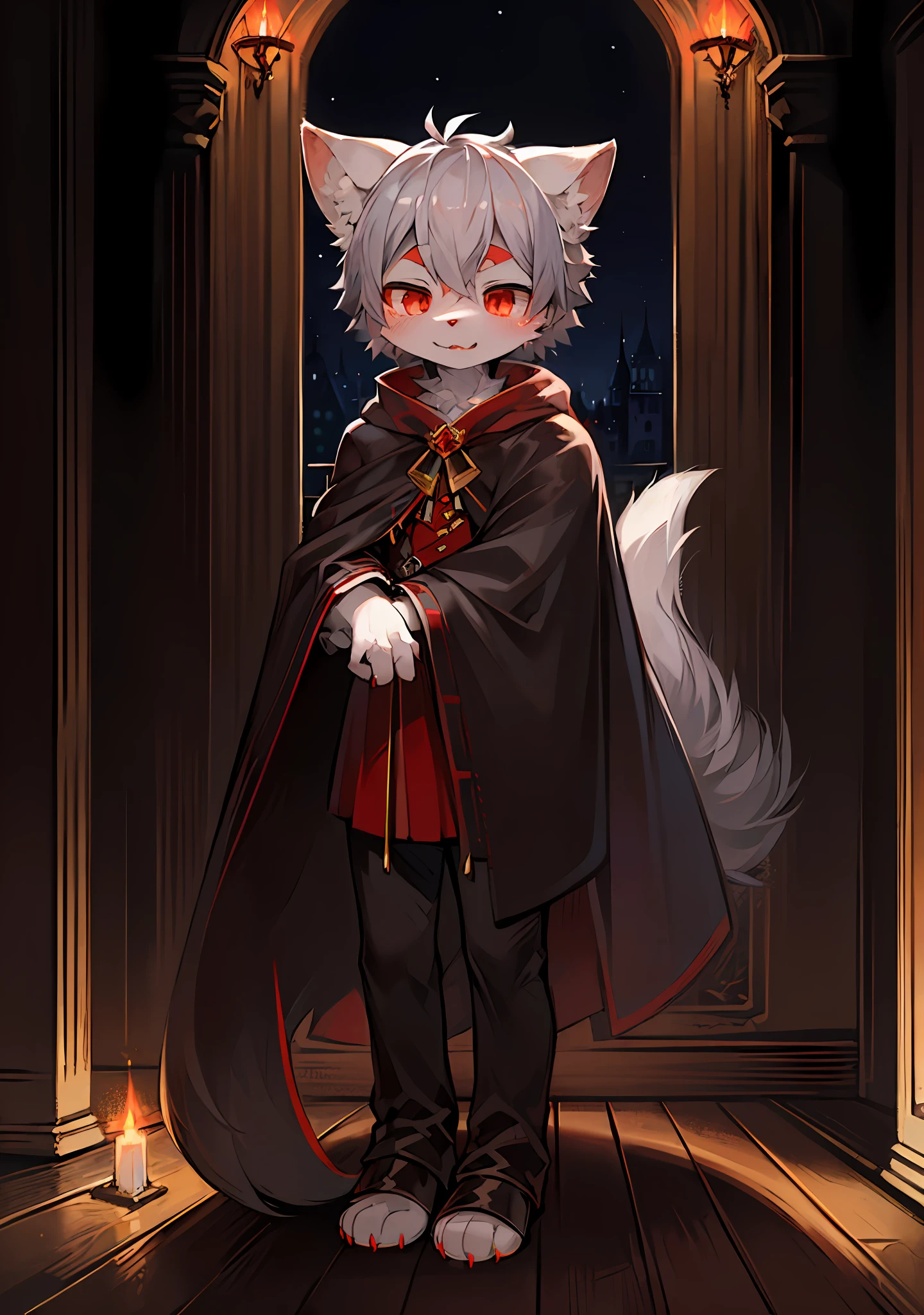 (dark environment:0.8),masterpiece, high quality, absurd res, digital painting \(artwork\), by dagasi, yupa,kiyosan,(anthro,fluffy fur,character focus:1.1),anthro male cat,short hair,portrait, bright eyes,panorama,character focus.(detailed background:0.7),solo,furry,furry male ,male focus,anthr,(Full body fur, fluffy tail, white fur,red eyes,gray hair:1.2),(long canines,vampire, cape:1.2),(interior,night, castle, coffin:1.1)
