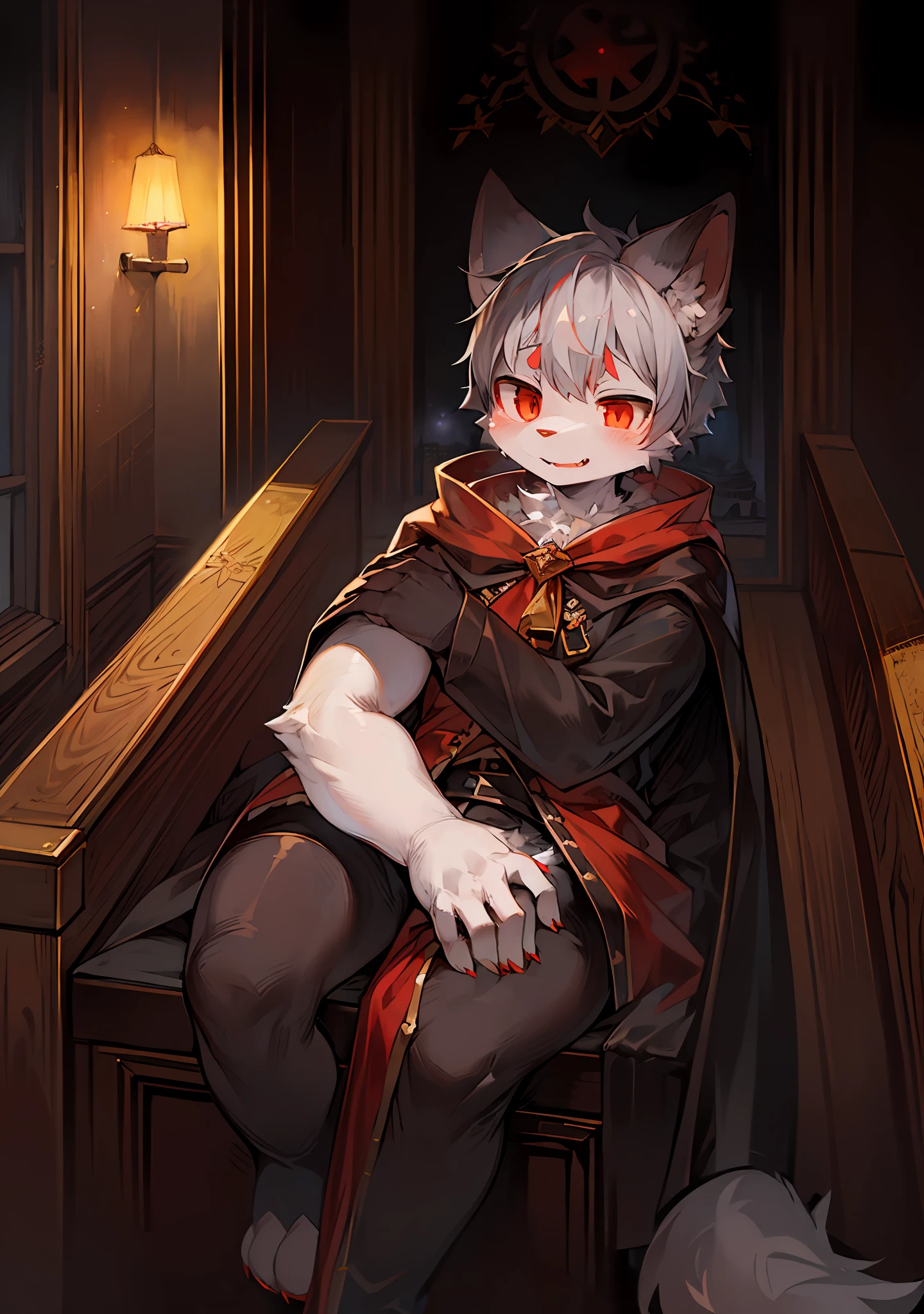 (dark environment:0.8),masterpiece, high quality, absurd res, digital painting \(artwork\), by dagasi, yupa,kiyosan,(anthro,fluffy fur,character focus:1.1),anthro male cat,short hair,portrait, bright eyes,panorama,character focus.(detailed background:0.7),solo,furry,furry male ,male focus,anthr,(Full body fur, fluffy tail, white fur,red eyes,gray hair:1.2),(long canines,vampire, cape:1.2),(interior,night, castle, coffin:1.1)