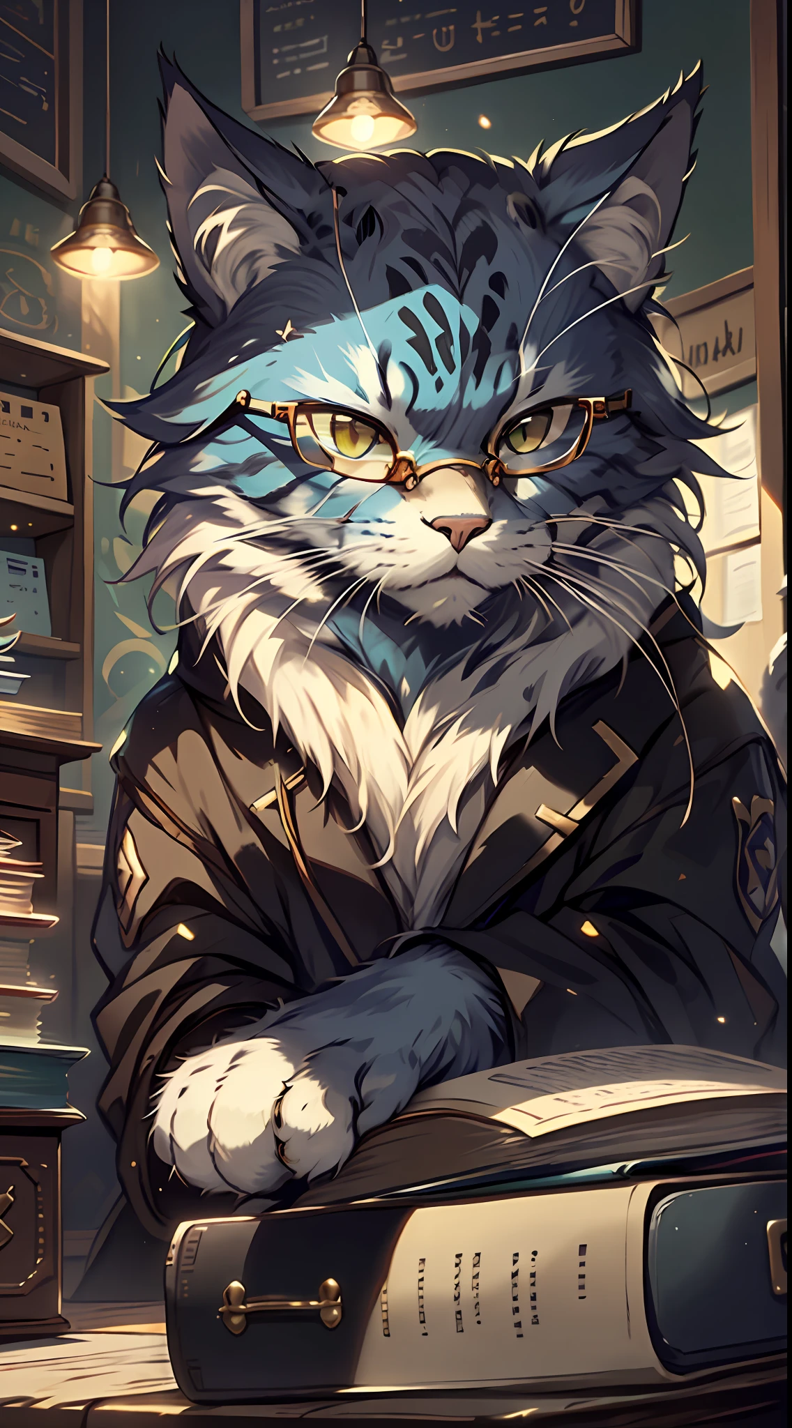 Obra-prima, alta qualidade, melhor qualidade, bonito, HD, perfect lighting, imponente, doutor,, filosofia, Philosopher cat, inteligente, lindo, felino ((gato de pele preta e branca brilhante)), terno, (Round Eyewear), ler livro, coffee shop, c4ttitud