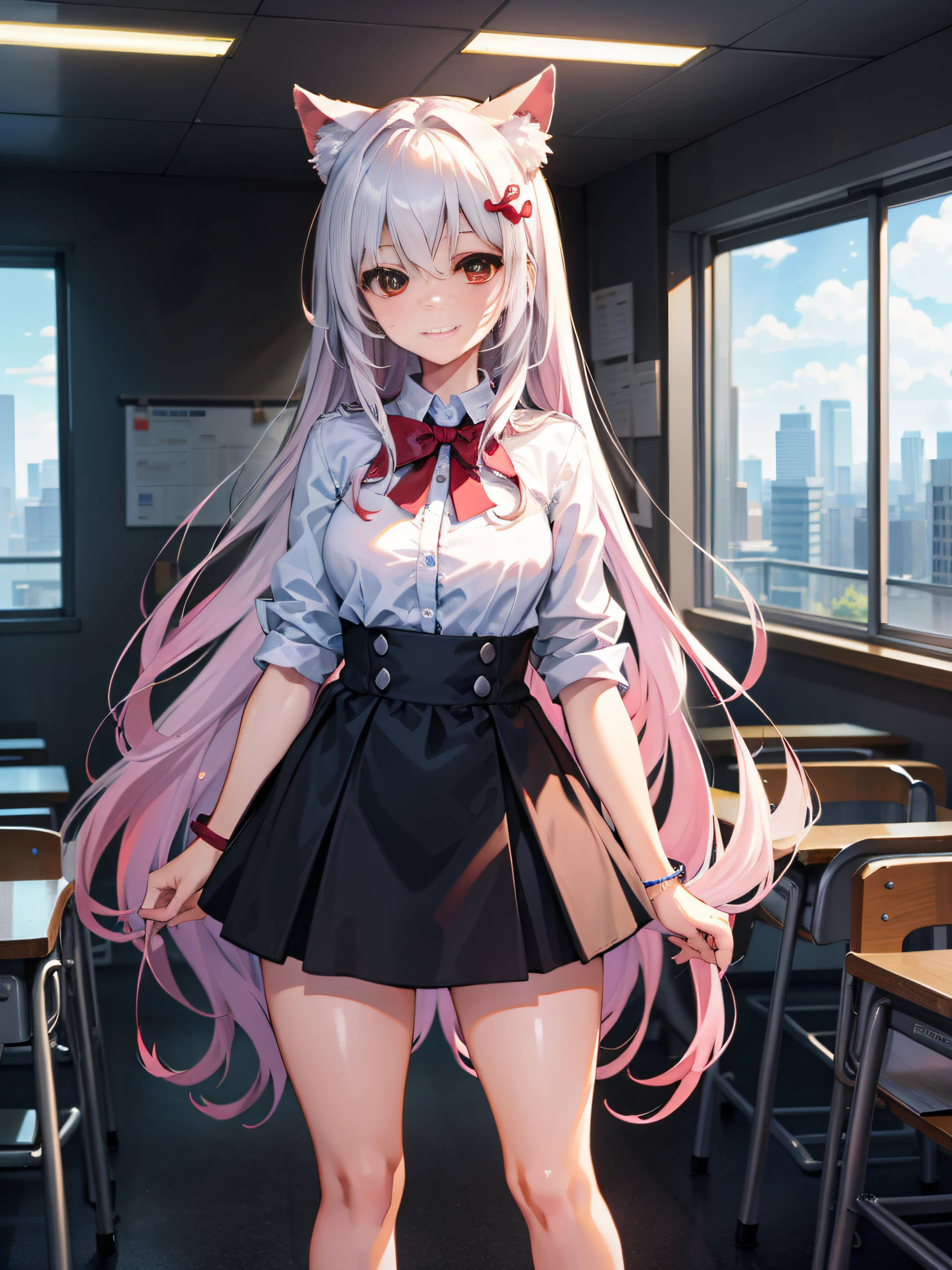 (Extremely detailed CG unity 8k wallpaper,巨作, Best quality, Ultra-detailed)，Anime style，1girlhugebreasts（1:2.5），White Very Long Hair，Messy hairstyle,Shawl hair,Bangs are shiny,Bow hair ornament,Red pupils,Hair slightly covering the ears,Light smile,Quiet，are standing，Classroom scene，Whole body diagram，Accurate，The proportions of the human body are correct.