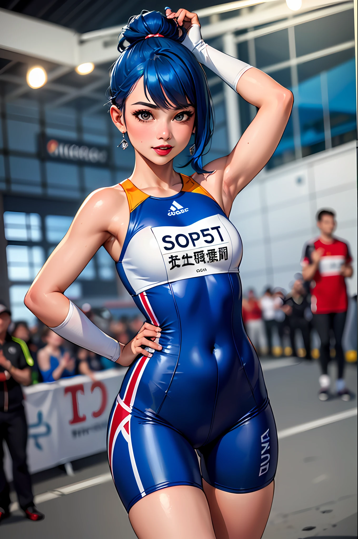 (​masterpiece:1.4)、(top-quality:1.4)、
1girl in, Bewitching Grid Girl, Blue hair, looking at the viewers, 独奏 ,realisitic,(shinny skin),(​masterpiece:1.4),(top-quality:1.4),red-lips,racing venue