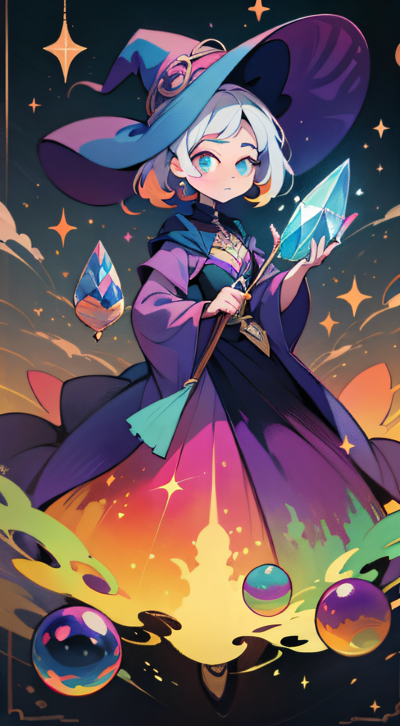 A witch，Walk in a world full of magic，Behind you is a river of colorful paints，The sky is floating with a large number of crystal balls and crystal stones，In the distance is a dark universe