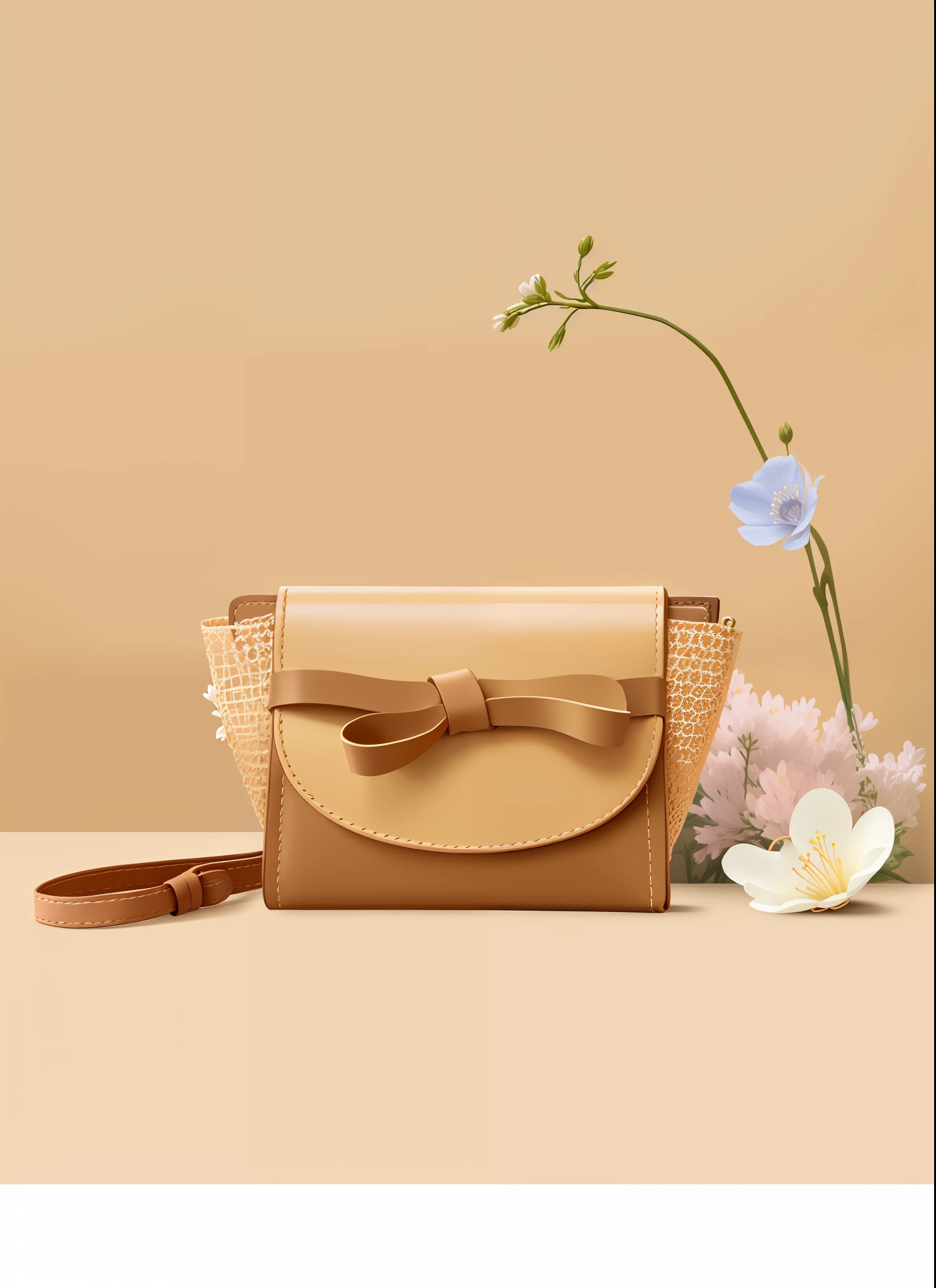 There is a small wallet,There is a bow on it,Next to it is a flower, the handbag is over a wood table, 手拿手提包, sienna, Sacoche, eora, designed for cozy aesthetics!, sandy beige, front portrait, gulper eel, olivia, Sacoche, beige mist, high quality product photo, enjoyable, fine simple delicate structure, Product photo, bowknot, miko