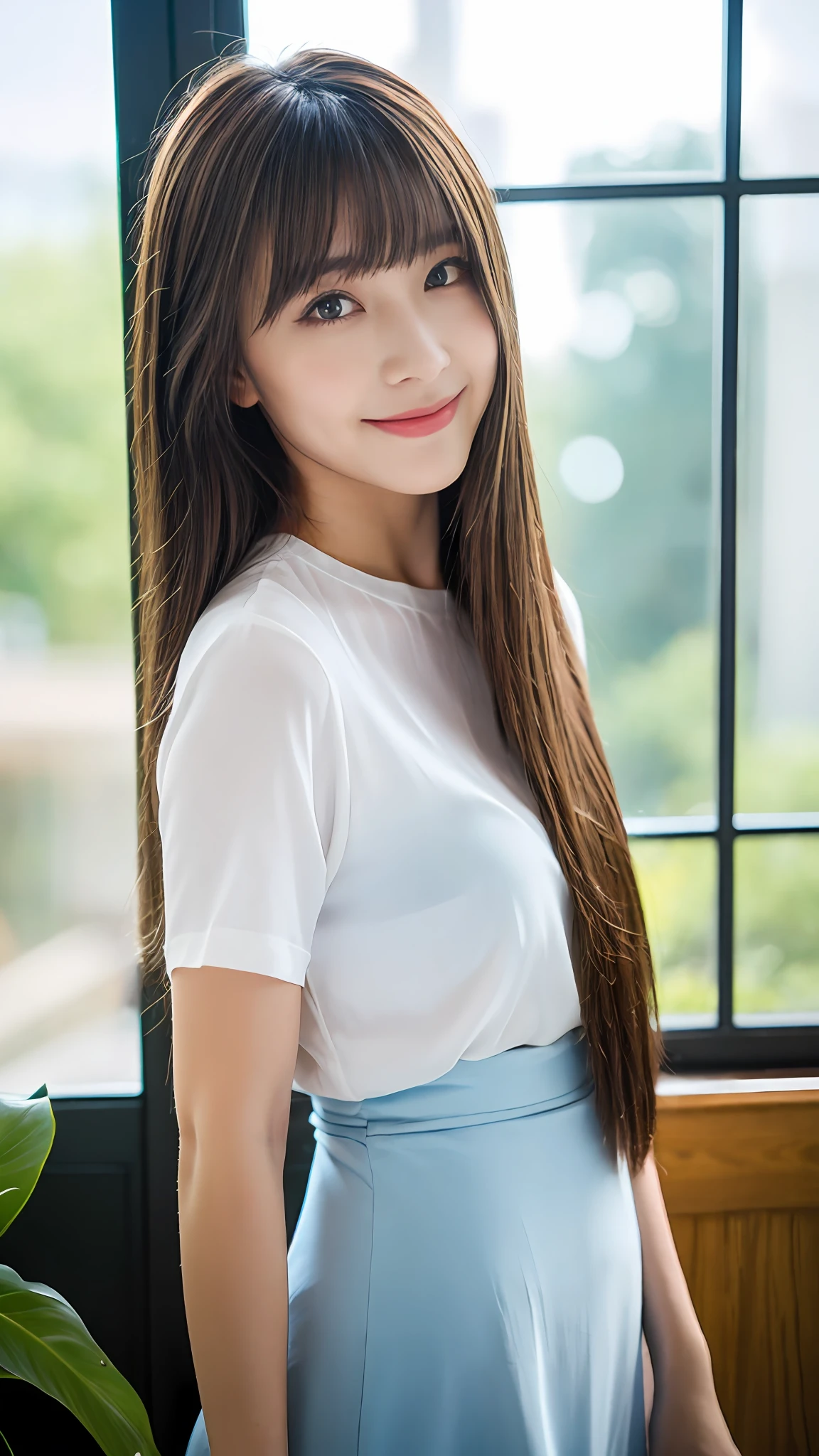 one-girl，Big crystal clear blue eyes、platinum blond hair、Long straight hair、Silky hair、bangs between eyes、ssmile，Silk short sleeve long skirt、with fair skin、perfect bodies，In front of the window，Backshot，telephoto lenses