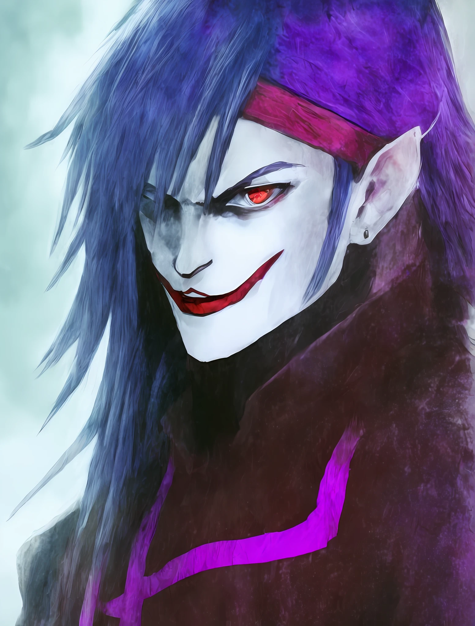 Close-up of a man with a face, Drawn as a demon, Portrait of the hunter Hisok, hunter, handsome guy in demon slayer art, hisoka, hisoka from hunter × hunter, handsome japanese demon boy, junji ito 4 k, stunning anime face portrait, The Joker is similar to Naruto, demon slayer artstyle, jojo anime style, Joker – Naruto