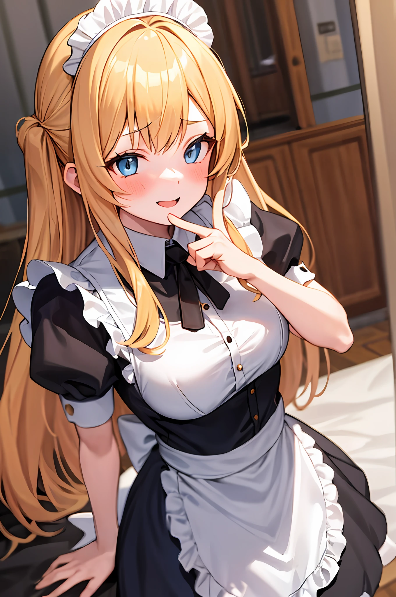 teens girl,blond hairbl,blue color eyes,style of anime,the maid outfit,blacksilk,A masterpiece,Finger details,Whole body diagram,ssmile,with a faint blush face