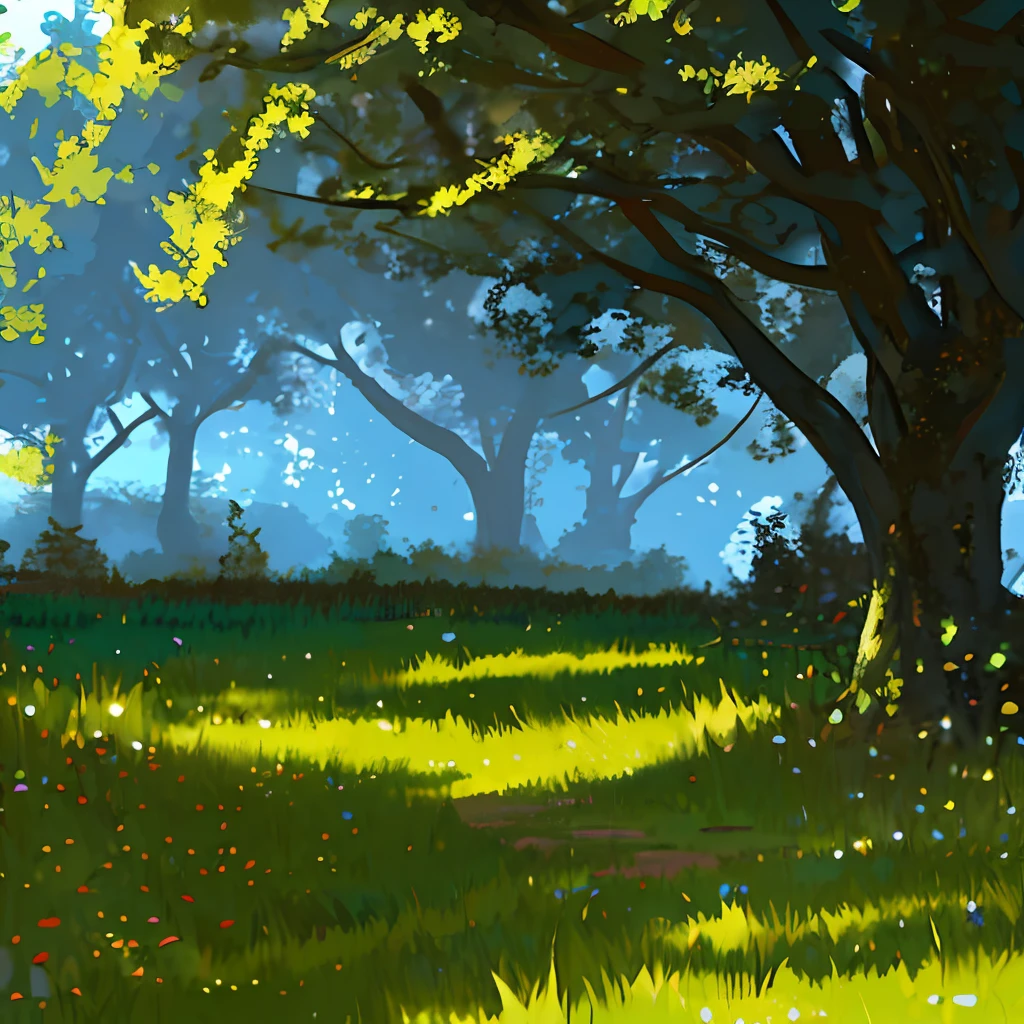 Grass background,The grass grows very long,There are also flowers on the ground,Two-dimensional painting style,There are no characters,Behind is the woods,high qulity