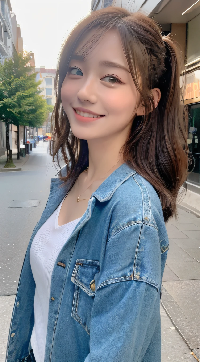 ((top-quality、8K、​masterpiece:1.3))、1girl in、(Hairstyle Casual、small tits:1.2)、Casual wear、Super fine face、Delicat eyes、二重まぶた、A smile、In the street