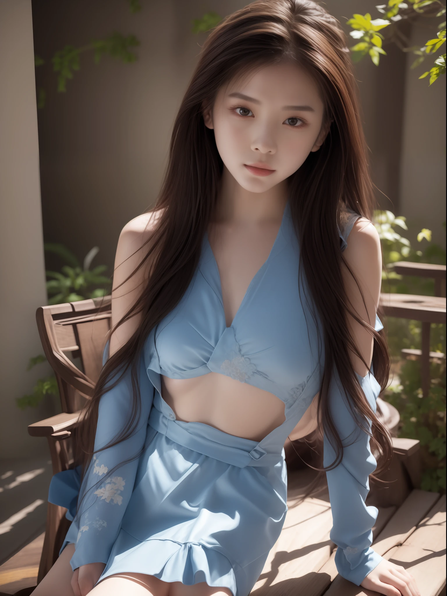 Close-up of a woman sitting on a bench in a blue dress, Korean girl, beautiful Korean women, Gorgeous young Korean woman, in a blue qipao, Beautiful young Korean woman, gorgeous chinese models, korean women's fashion model, Beautiful Asian girl, Realistic. Cheng Yi, Korean woman, Open V chest clothes, Asian girl, Chinese girl，Remove clothes，nakeness