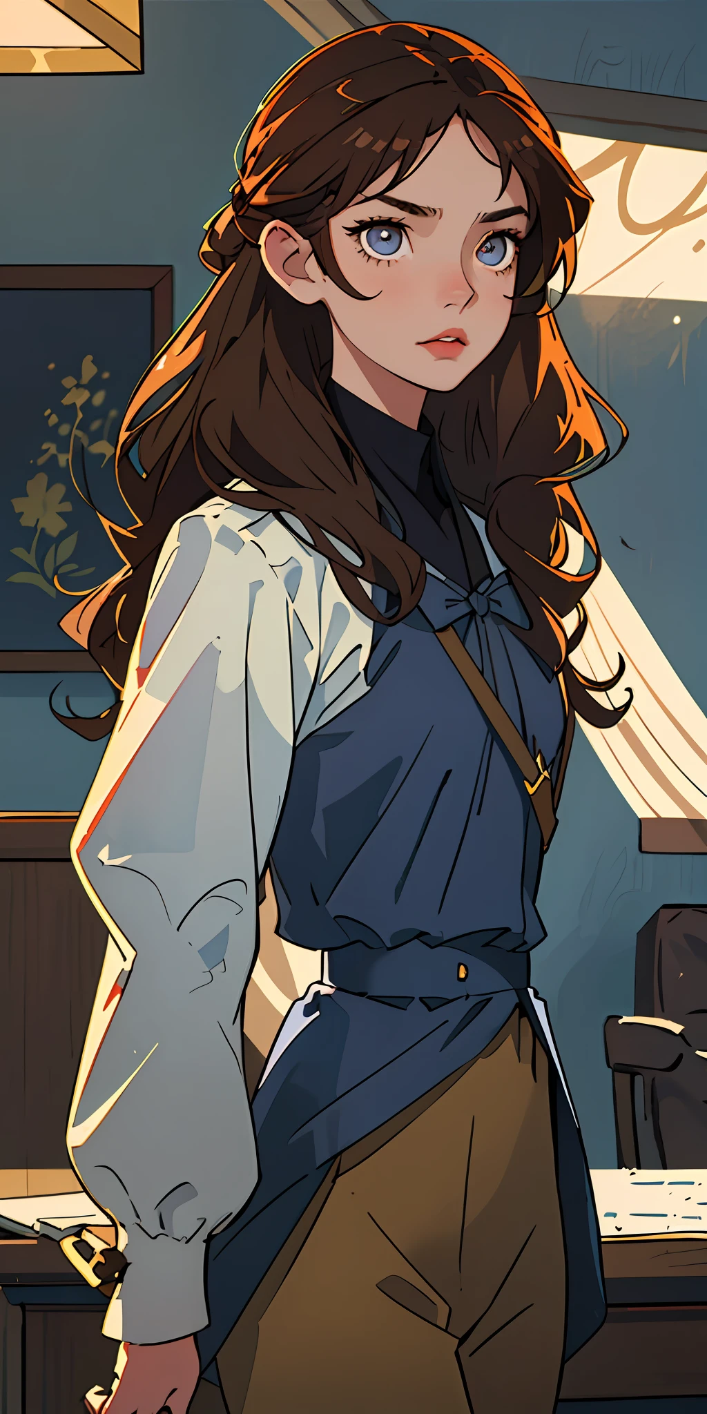 (masterpiece, top quality, best quality, official art, high resolution, distinct_image), 1girl, colorful, detailed, god, stunning woman, high detail, soft features, soft skin, Hamilton the Musical inspired, half body, small forehead, short forehead, long (chest length) messy soft brown hair, middle parted hair with loose strands, dark brown hair that is slightly pulled back and pinned out of her face in a simple way but still down, hazel eyes, 24 years old, young, wearing 1775 historically accurate american revolutionary colonel uniform with tan pants and a open dark/navy blue military jacket with golden epaulettes on the shoulders, detailed face, perfect eyes, asian eyes, asian and caucasian descendant features, 8k, intricate, Soft lighting, pretty dark academia office background
