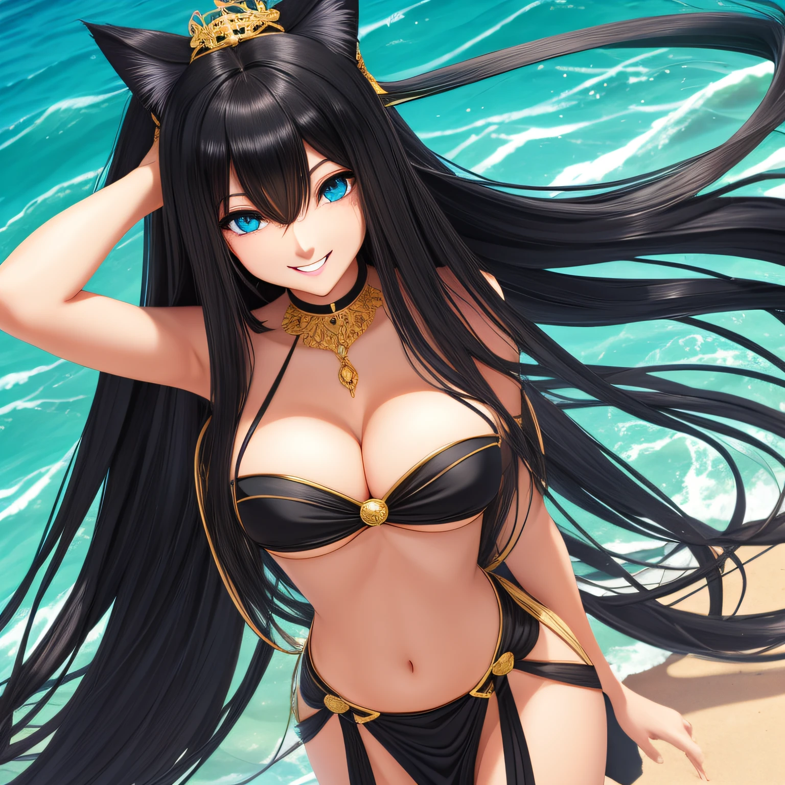 black hair, ahoge, long hair, very long hair, straight hair, absurdly long hair, cat hair ornament, aqua eyes, smile, oral invitation, Beautuful Women, with a good figure, Bigchest, UHD --auto