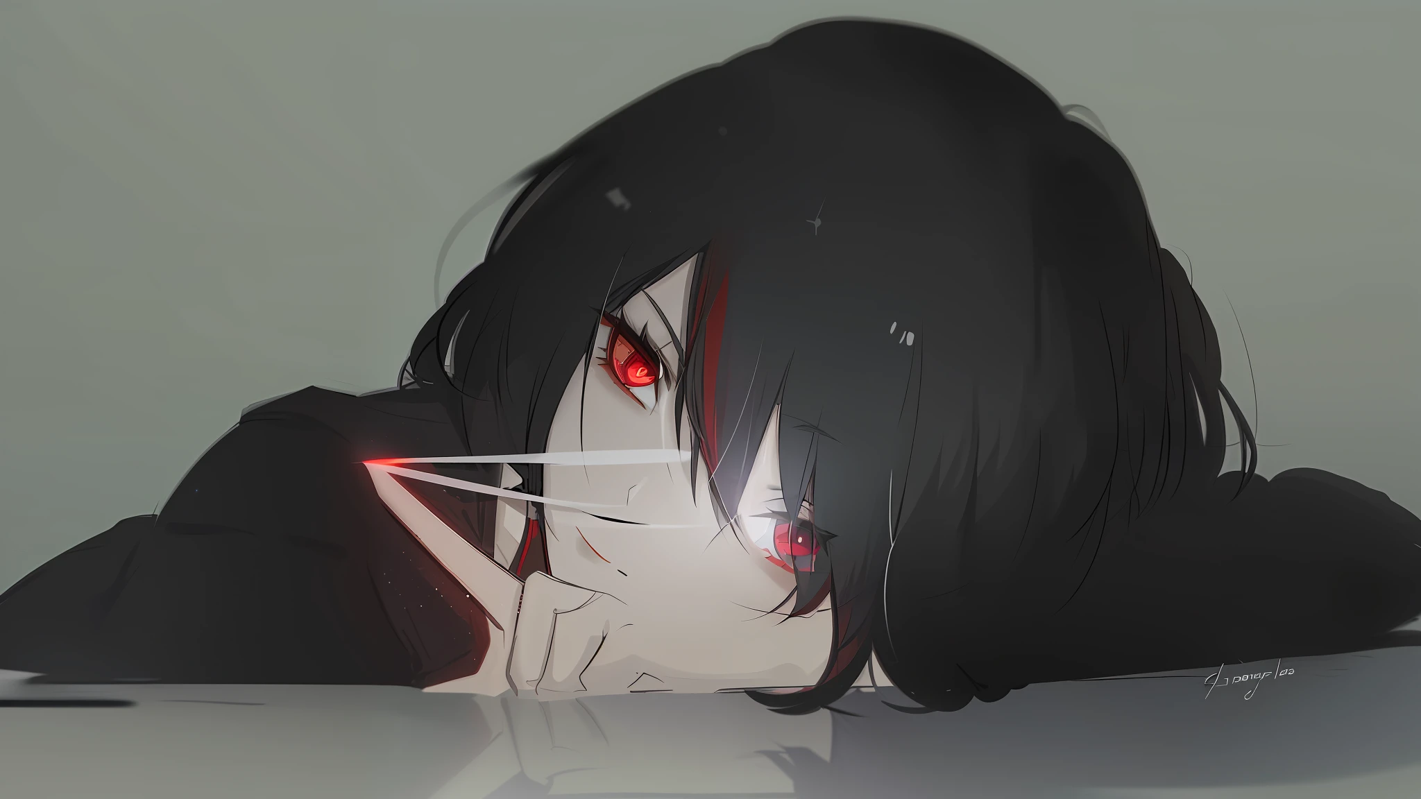 Anime girl with red eyes and black hair，A knife in his mouth, Kuvshinov Ilya, Guviz, Guviz-style artwork, Yandere, Kuvshinov, gapmoe Yandere, with red glowing eyes, ilya kuvshinov face, gapmoe Yandere grimdark, Ilya Kuvshinov sty --auto