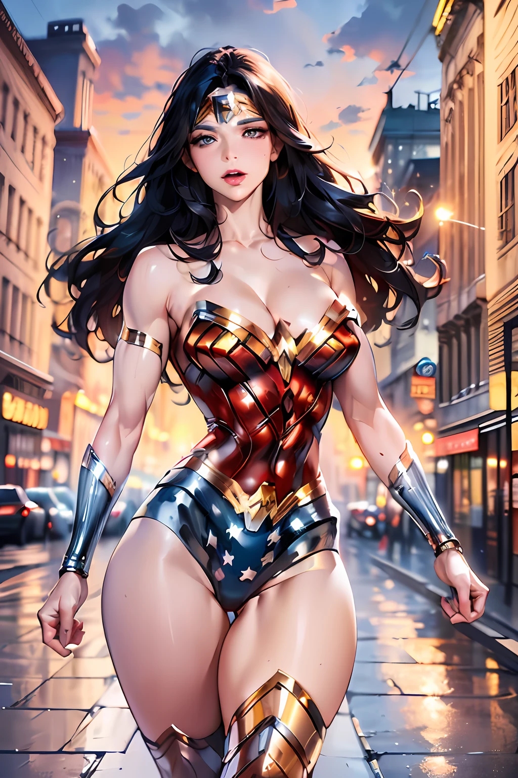 Official fine art，tmasterpiece，Sharp focus，(A wonder women (A wonder women (A Wonder Woman))), (intriciate detail, makeups), (detailed beautiful delicate face, fine beautiful delicate eyes, a face of perfect proportion), (Glossy skin: 1.0), fine detailed skin, strong and realistic blue eyes, realistic black hair, lip, makeups, Natural skin texture, tiara, red and gold bustier, blue thong with white stars, wristband, Red knee high boots, golden belt, (Wonder Woman clothing:1.0), bare shoulder, ((light tan skin: 1.4)), mature, Sexy, elastic muscles, (Muscular: 1.2), ((strong and healthy body)), (((the more) Muscular))), cleavage, Long leg, curved, (Big breasts: 1.3), rib, thin-waist, soft waist, (fine detailed skin), (beautiful and sexy woman), (swollen lips: 0.9), (eyeslashes: 1.2), very delicate muscles, Perfect Body, perfect anatomia, perfect details, perfect fingers, perfect limbs, thigh gaps, (perfect hand: 1), Delicate and beautiful hair and eyes and face，realisticlying，ultra - detailed，a beauty girl，blue-sky，glowing white particles,(side lights:1.2),sunshine rays,baiyun,Detailed clouds,Body shape and muscular, Firm breasts and rounded buttocks,Toothy laughter,((Laugh and open your eyes)),landscapes,middle length wavy hair, sexy facial expression, building, (Cityscape:1.7), Glow Blue Eyes,Upper body completely naked,Realistic, epic landscapes,