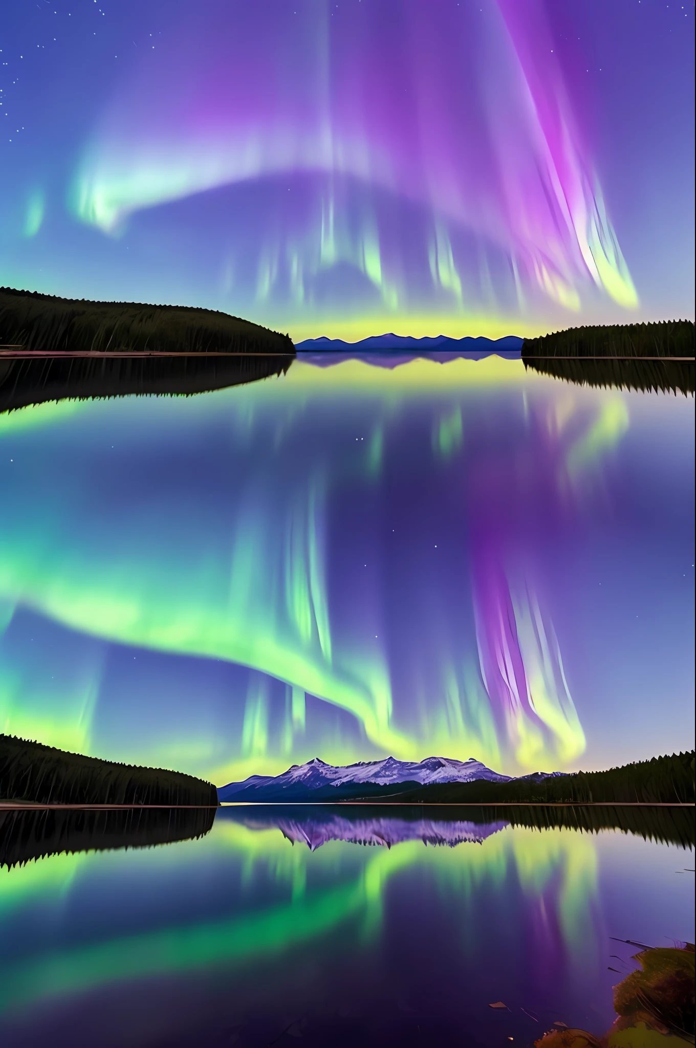 Clouds scatter in all directions，It seems to be the kind of effect of the Northern Lights，The lake is crystal clear，All reflect the view of the sky，Anime Pictures