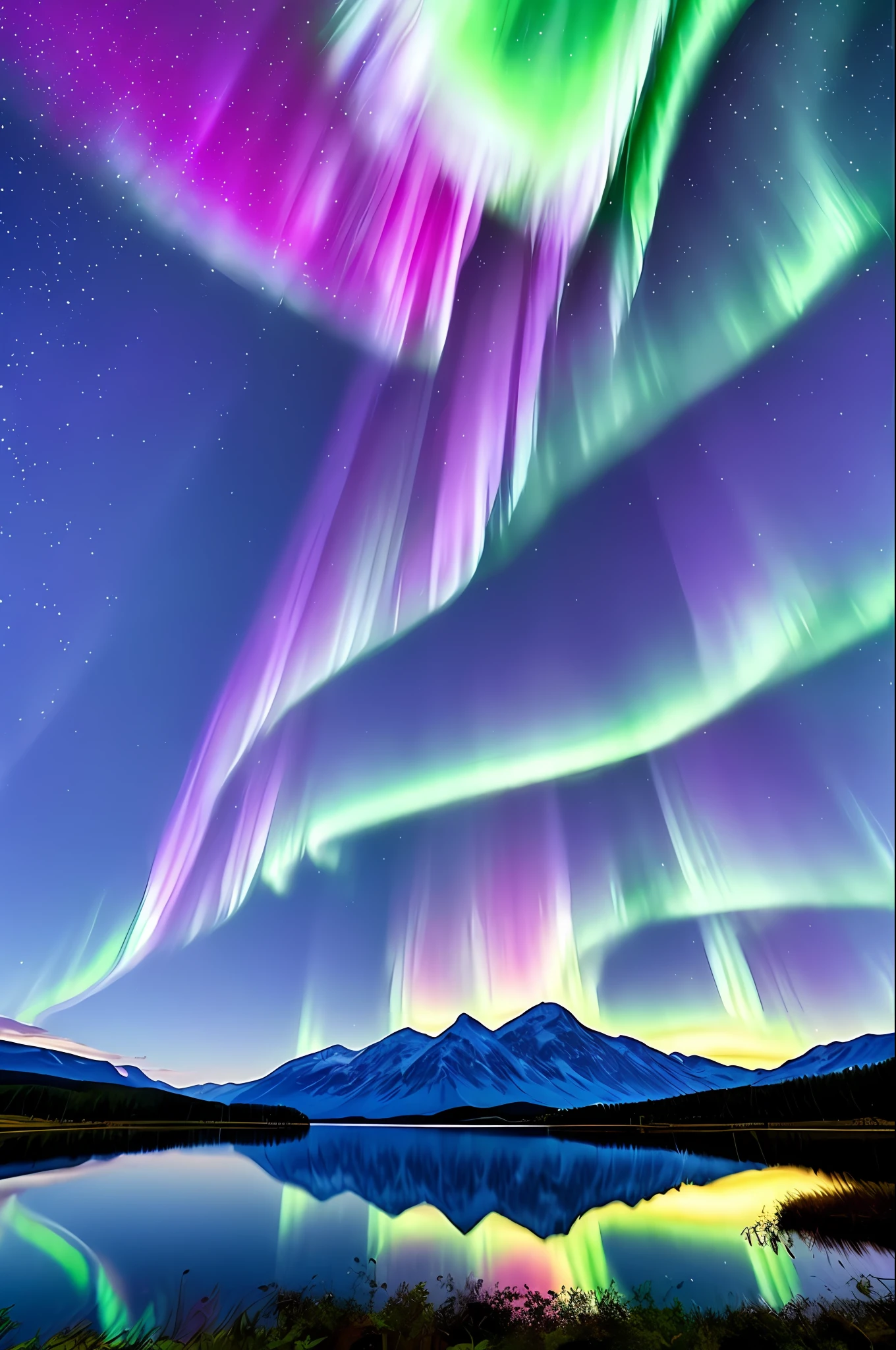 Clouds scatter in all directions,It seems to be the kind of effect of the Northern Lights,The lake is crystal clear,All reflect the view of the sky,Anime Pictures