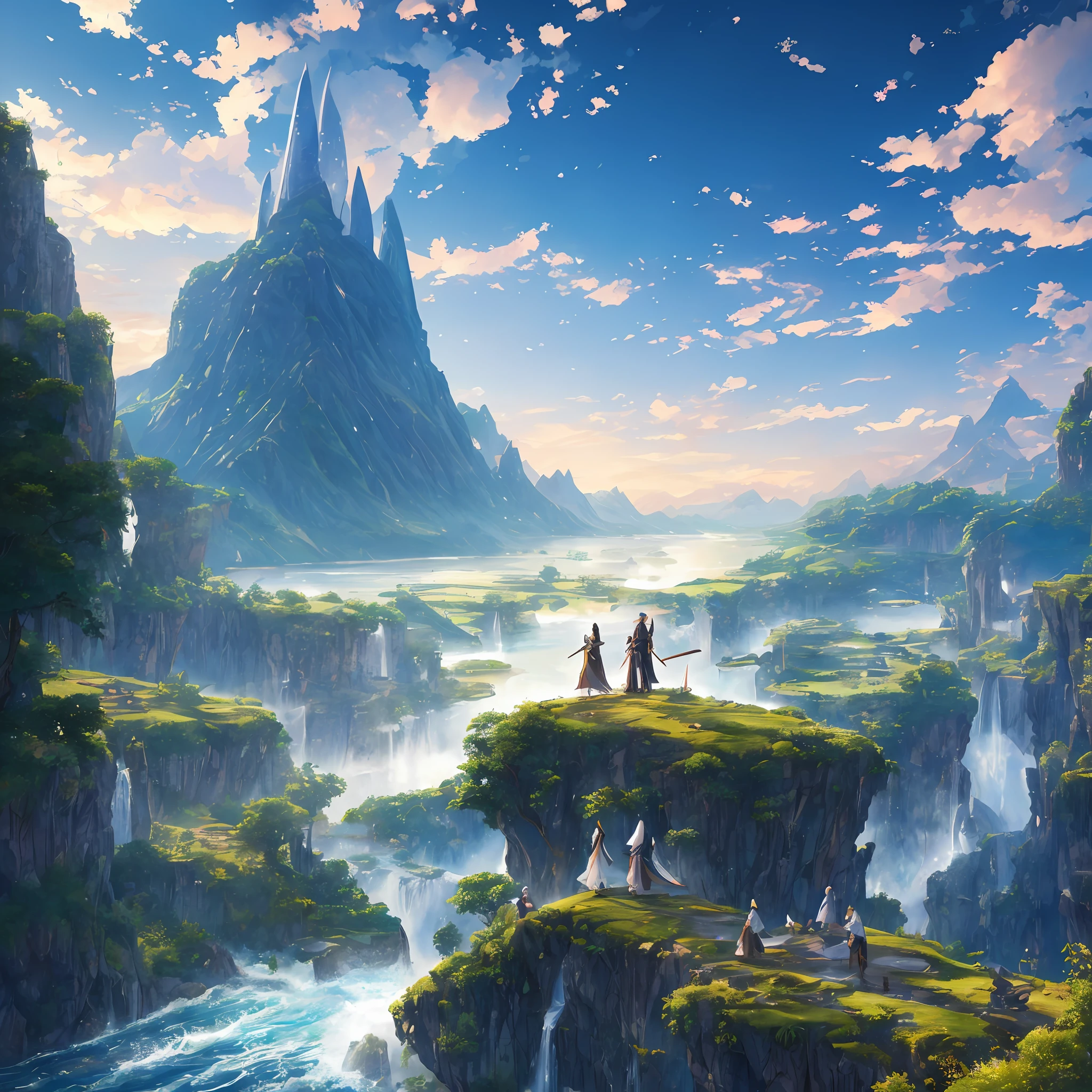 tmasterpiece,Ultimate quality,CG unity 8k wallpaper,Super delicate,Beautiful skies and clouds,Rich natural scenery,sheer cliffs,Lakes and rivers,Waterfall flying water,Aoyama is beautiful,Nowhere to be seen,Excellent view,A long-won photo contest,Background bokeh,The depth of field is full,HDR high dynamics,True restore,iintricate,Attention to detail,Dramatic,The perfect presentation of Midjourney's artistic style。swordsmen,Gauze clothes,silkouette,Ayara satin,stocklings,Han Jian,Flying,water flowing --auto