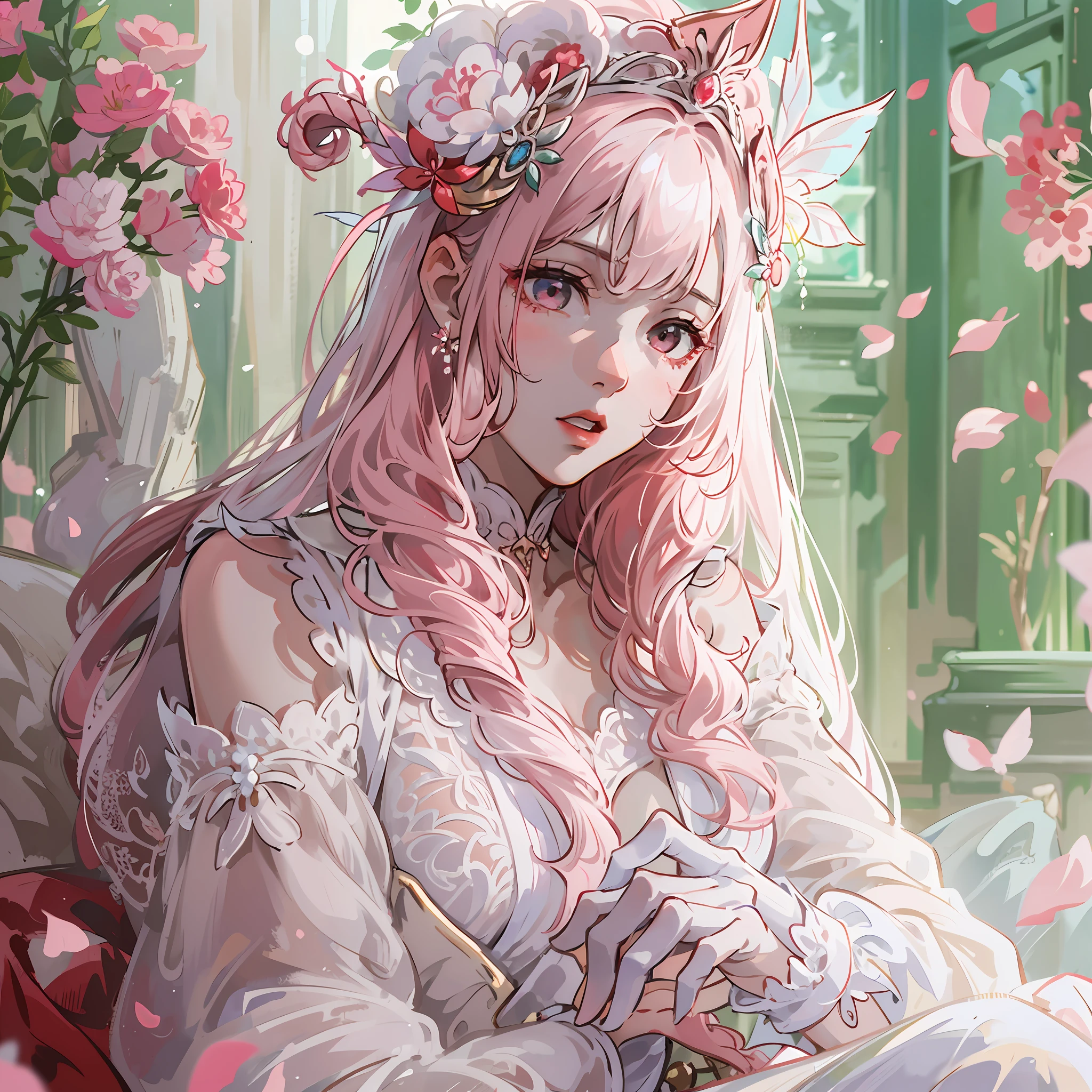 The picture is delicate,8K image quality,Delicate atmosphere。Girly head,Pink and white headdress,Red and white dress,Lace lace socks,whitegloves,Fair skin。White fairy,It's like a dream,Fascinating atmosphere。