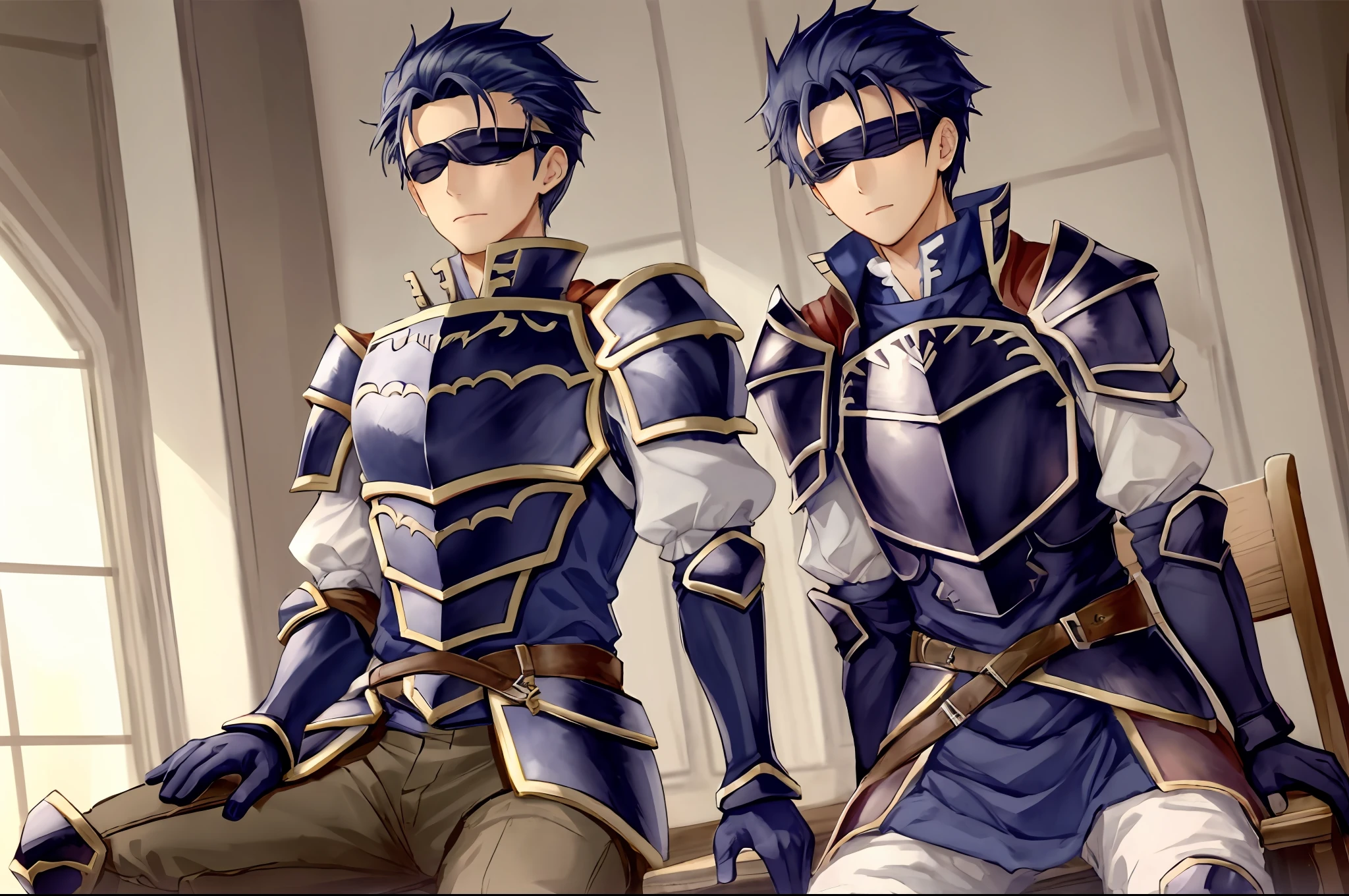 Hector Fey, 独奏, looking at viewert,sit astride(sit on chair), Cladding,blindfolds(Blindfolded), mitts, 1boys, Male focus, cloaks, Armour, Shoulder armor, look from down