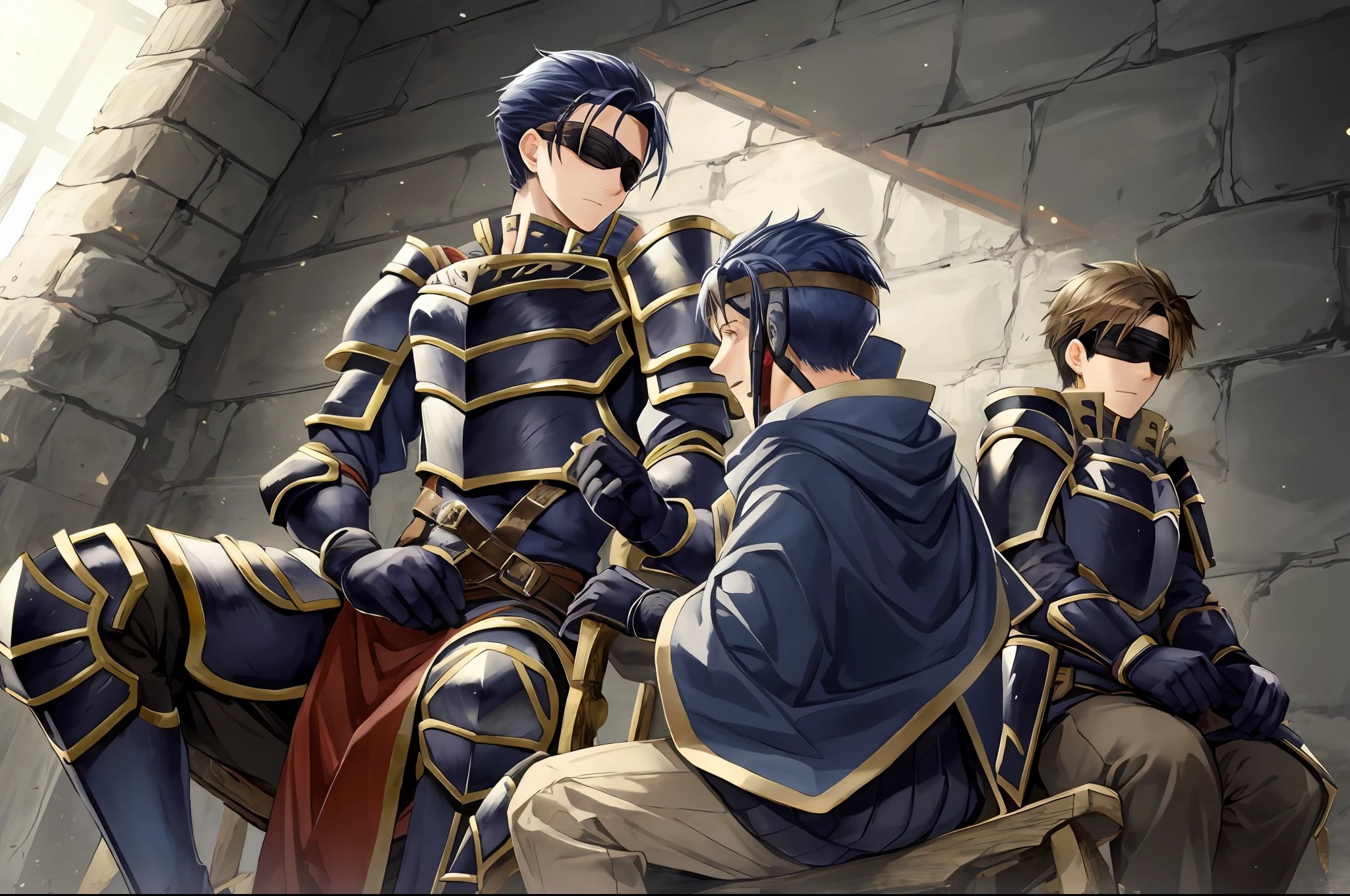 Hector Fey， 独奏， looking at viewert，sit astride（sit on chair）， Cladding，blindfolds（Blindfolded）， mitts， 1boys， Male focus， cloaks， Armour， Shoulder armor， look from down