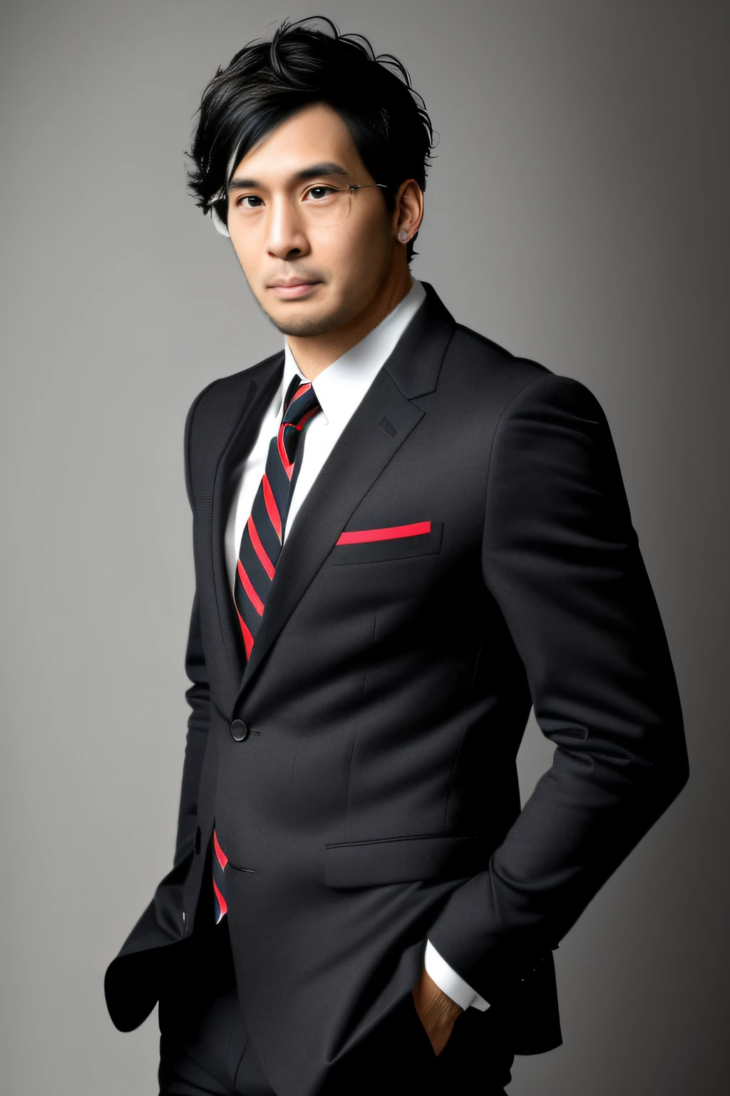 ((close up)) of Markiplier wearing a black suit, soft smile, red and black hair, hands in pockets, photo realistic, photo shoot, dynamic lighting, high detail, hyper realistic