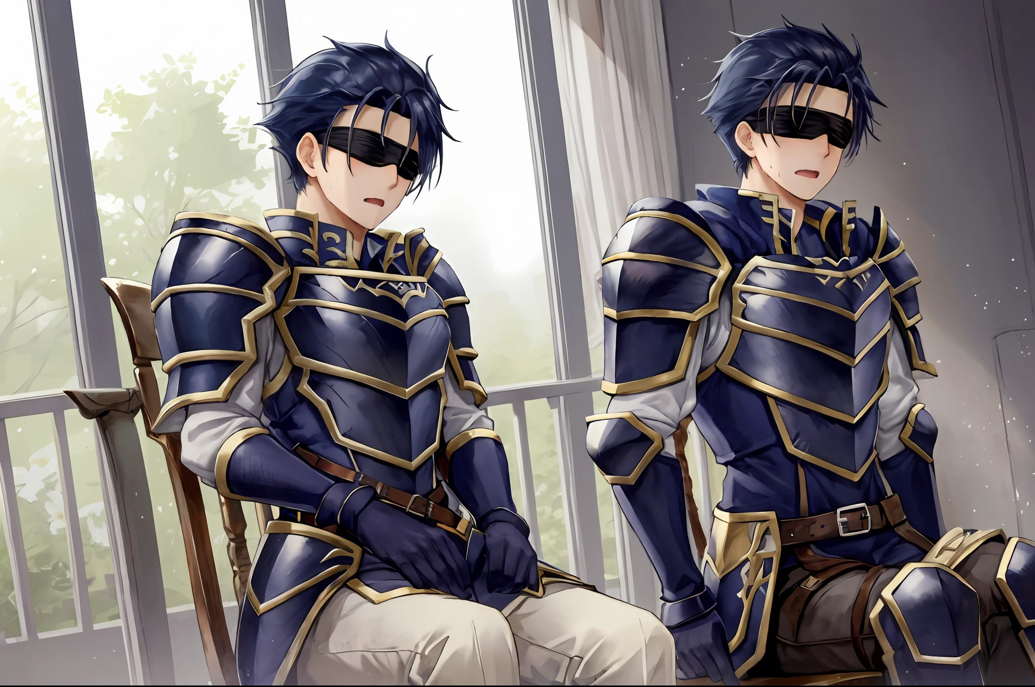 Hector Fey, 独奏, looking at viewert,with her mouth open,drools,perspire,Get wet,sit astride(sit on chair), Cladding,blindfolds(Blindfolded), mitts, 1boys, Male focus, cloaks, Armour, Shoulder armor,Leg armor, look from down