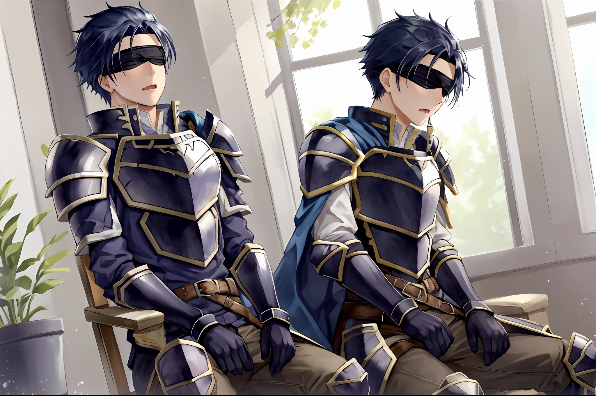Hector Fey, 独奏, looking at viewert,with her mouth open,drools,perspire,Get wet,sit astride(sit on chair), Cladding,blindfolds(Blindfolded), mitts, 1boys, Male focus, cloaks, Armour, Shoulder armor,Leg armor, look from down
