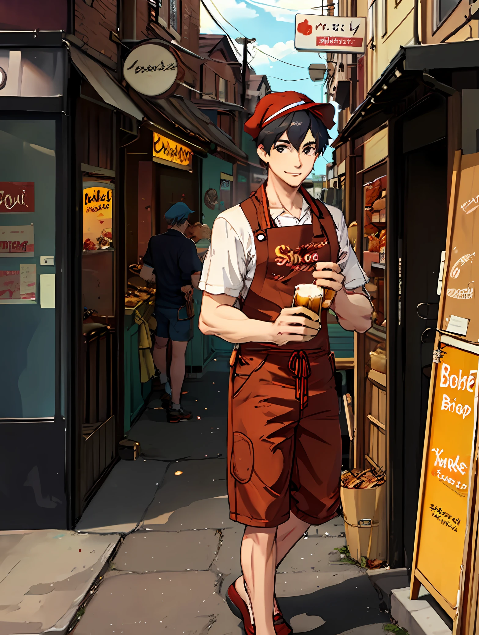 cook,Age 20,lad,Wear a red bandana,Holding skewers and beer in his hands,ssmile,BBQ shop in the background