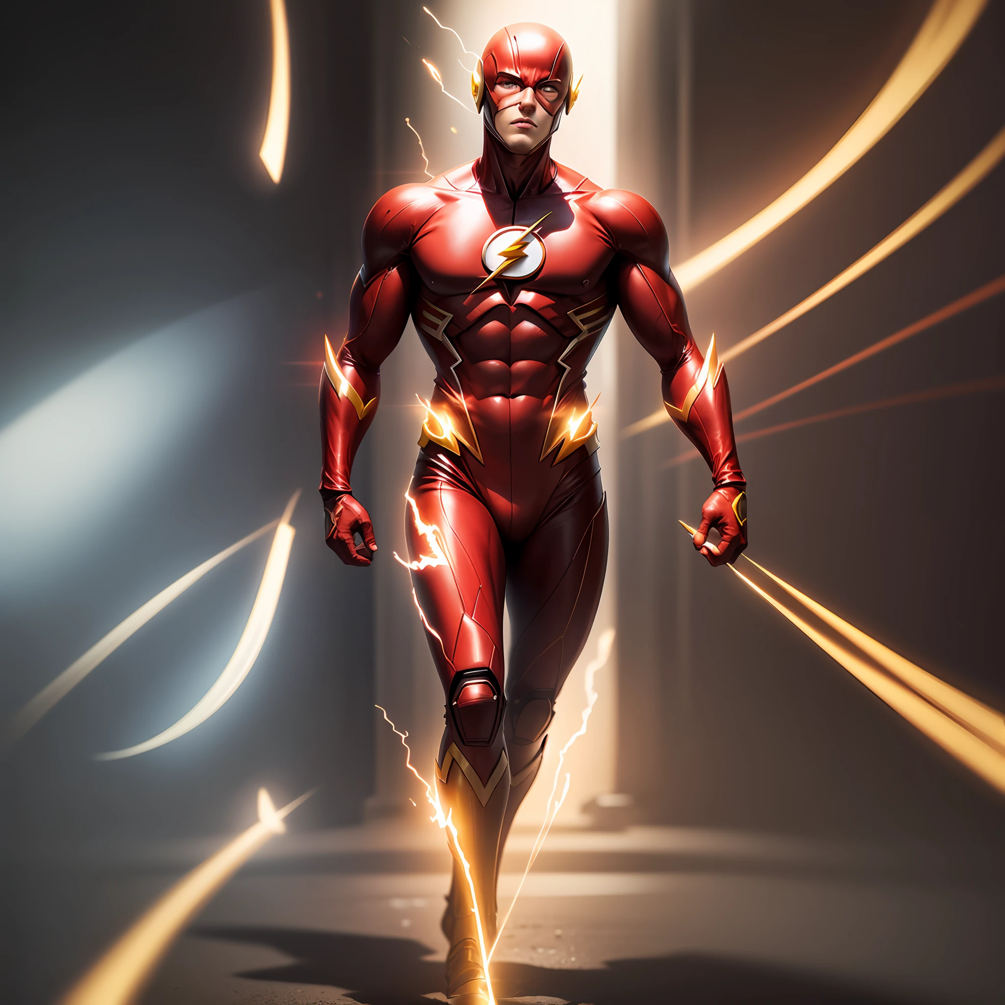Crie uma foto superrealista, cinematografic, do flash DC, corpo inteiro, apenas o flash, whole body also appearing the feet