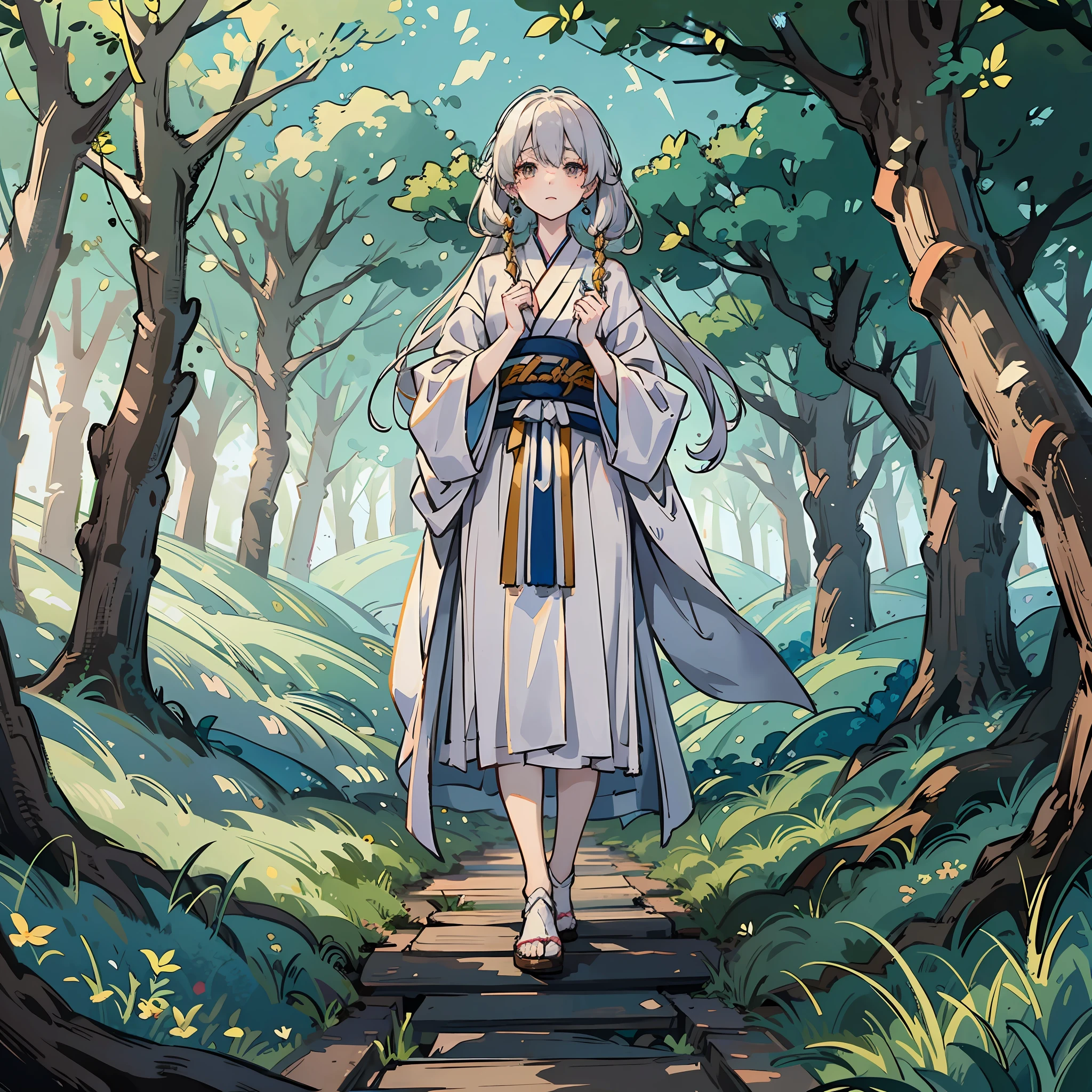 Masterpiece quality,The white-haired girl looked cute,Clothed in white robes,Reminiscent of Miyazaki animation,The face is so delicate that one can believe that it is real,A light brown double natural ball that wraps around its upper edge and extends to the chin,and the unconcealed strong look of the owner of the right eye,An increasingly intense atmosphere is created。She stands in a wide and boundless ancient scene,A long log bridge at your feet,Misty dead grass and deep woods,Constructs the scene emotions of Foamliu's realism。