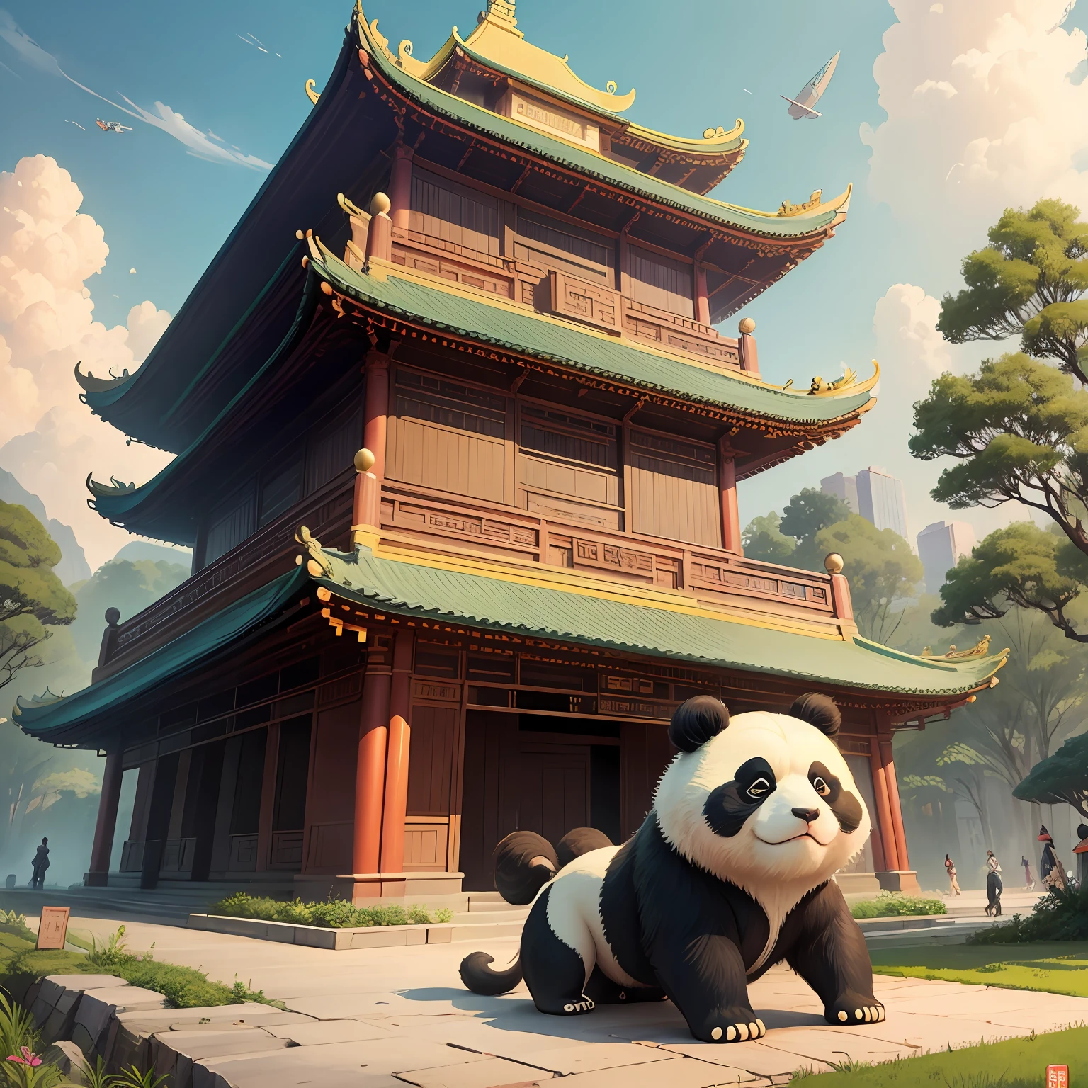 Landmark buildings in Chengdu,poster for,pandas,Chengdu features,illustration,National style,Fine lines --auto