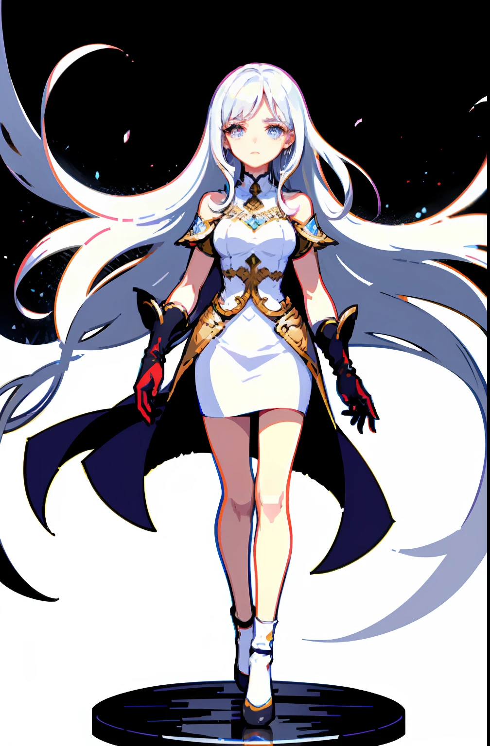 offcial art，close-up all over the body，Extreme picture quality、finedetail，A beautiful white girl，wearing a white skirt，Long white hair shawl，hair flowing，Manners are elegant，With a faint sad expression on his face，Floating in the air，The figure is too good to be eye-catching