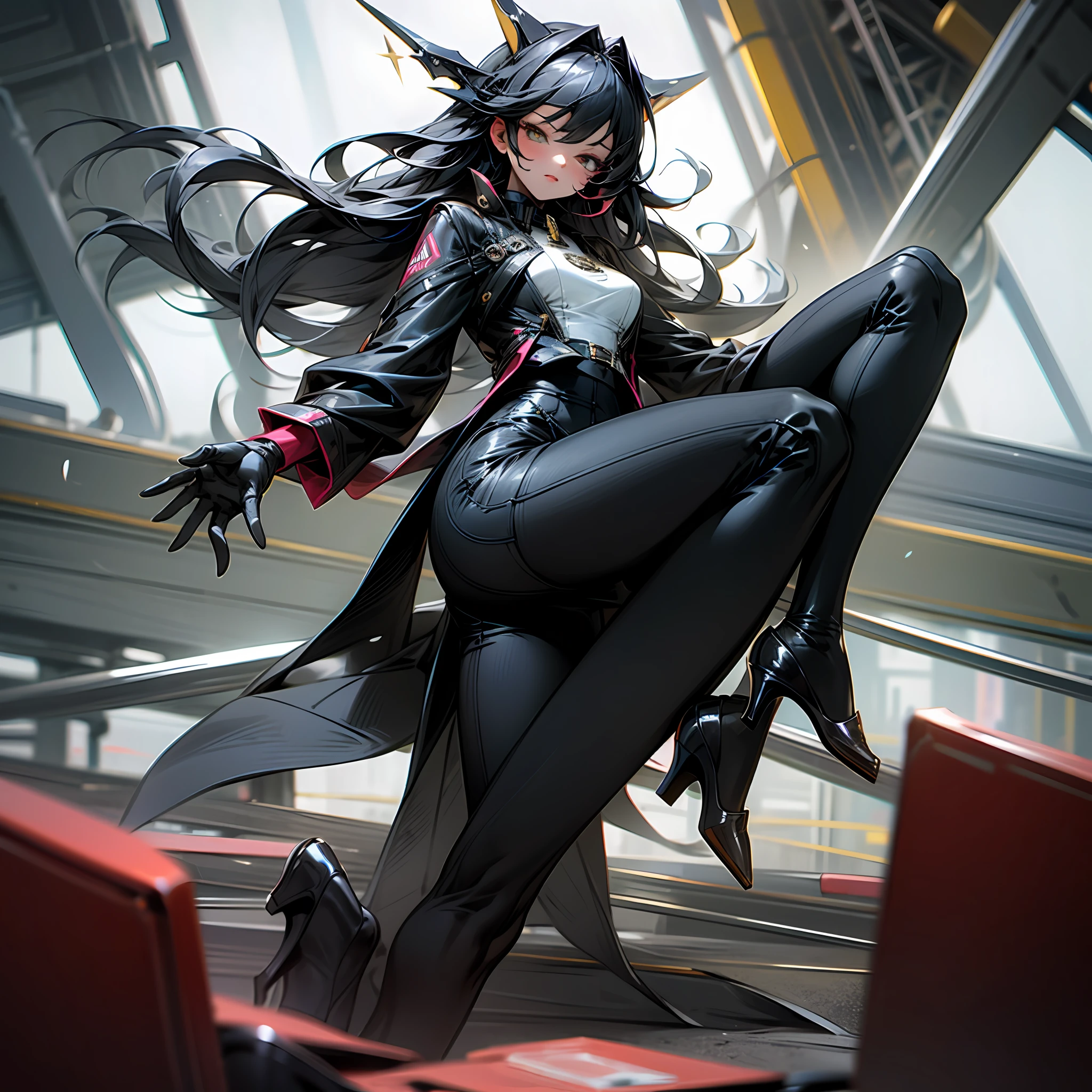 Best quality,masterpiece,ultra high res,a pair of ggx heels,1girl, black business suit, pencil skirt, black pantyhose, black footwear --auto