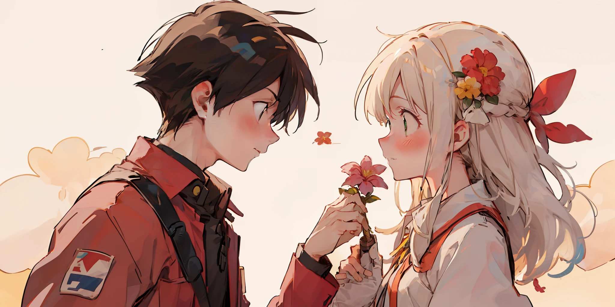 Profile, 1 long white haired girl with emerald green eyes and shy, 1 black haired boy giving her a flower, Looking at others, making eye contact, shirt, collared shirt