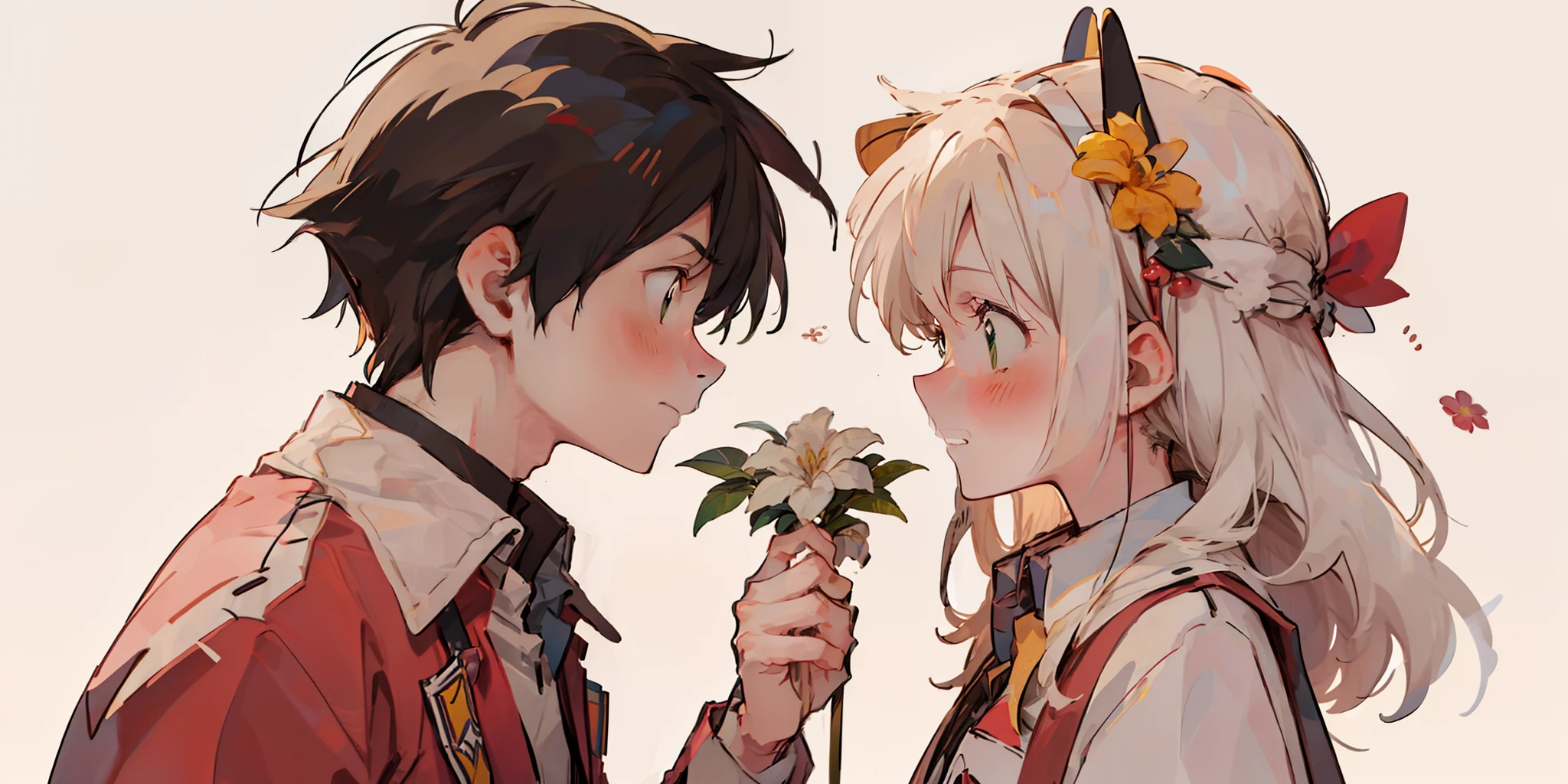 Profile, 1 long white haired girl with emerald green eyes and shy, 1 black haired boy giving her a flower, Looking at others, making eye contact, shirt, collared shirt