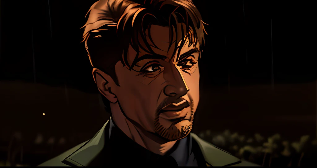 (((Cara confusa)), (comic styled), Silvester Stallone como policial, cena escura, outdoors at night on a plantation, milharal a noite, luz amarelas, fazenda Noturna, particles, Chuva leve, Foco masculino, (cabo de fluxo longo), noite, Chuva, fundo detalhado, (arte de Frank Miller), obra-prima, (realista:1.3), perfect illumination, sombreamento perfeito, (textura realista do tecido), hiper-realista, (fotorrealista:1.5)